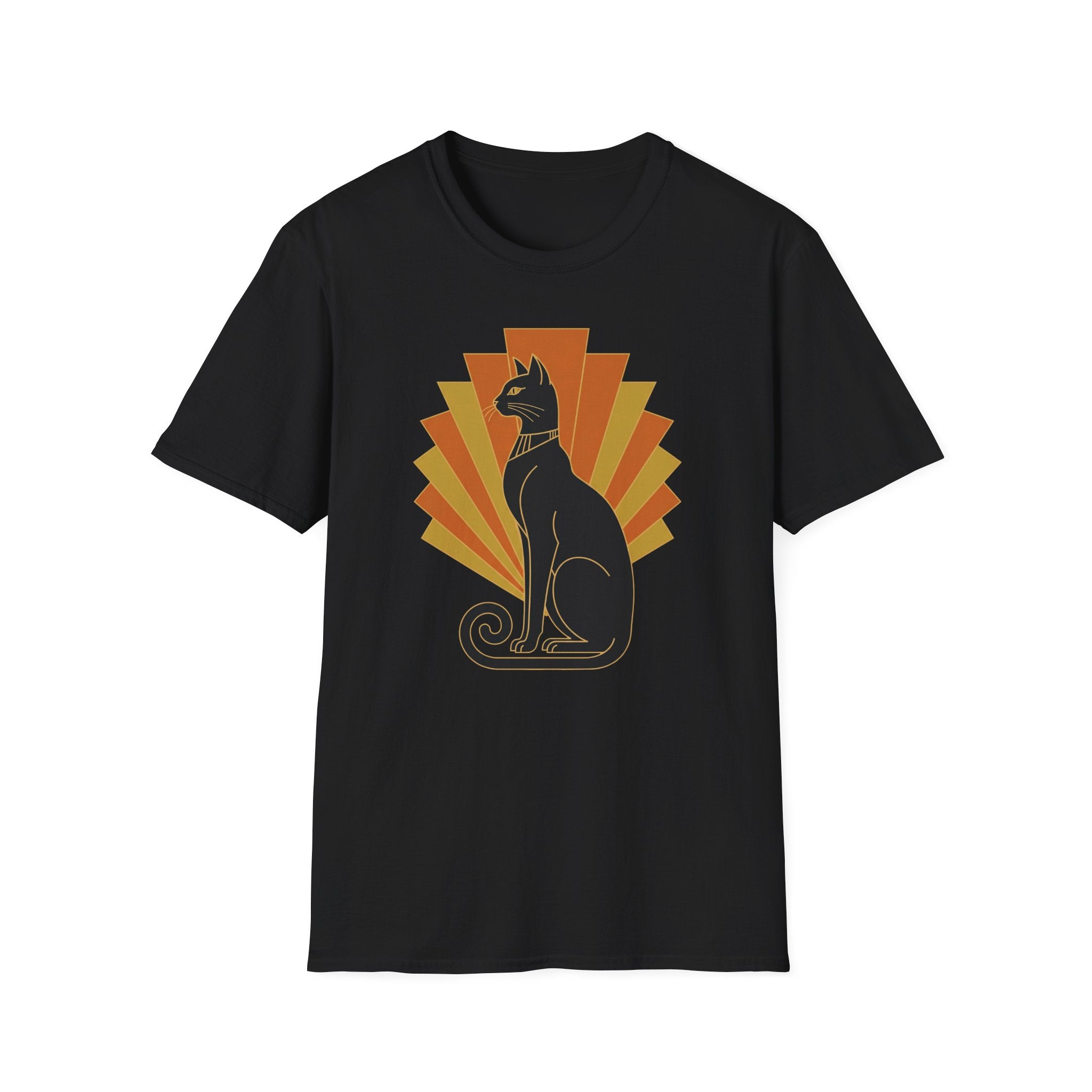 Black cat graphic T-shirt with orange-yellow sunburst print at chest