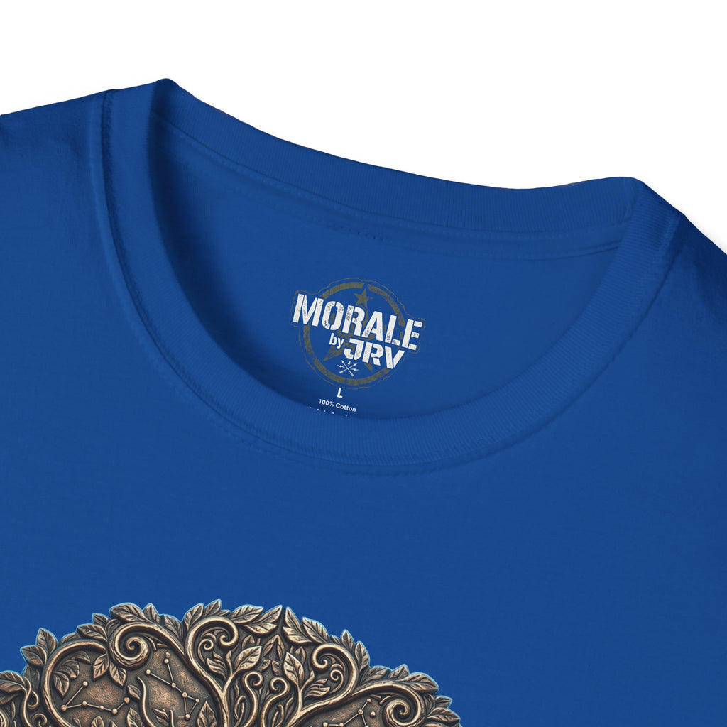 Royal blue T-shirt neckline with small logo print