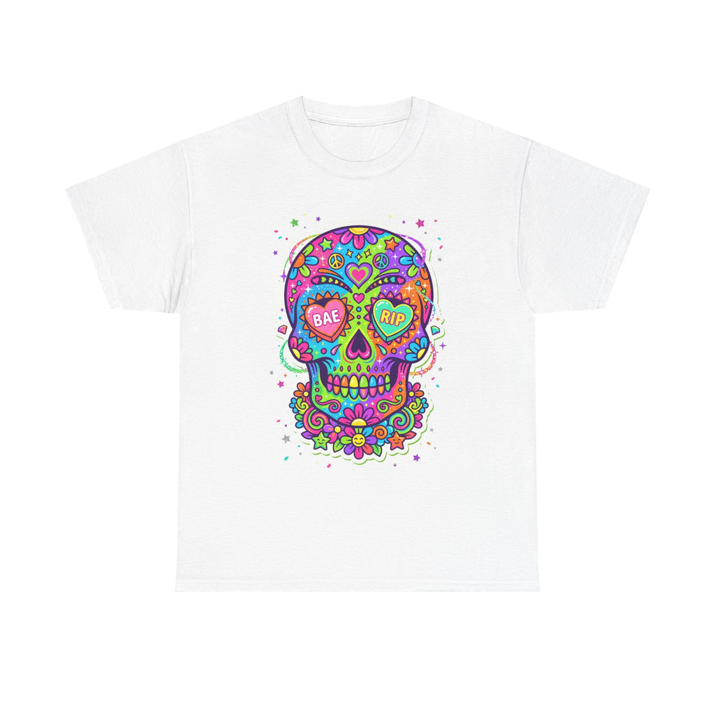 White T-shirt with colorful sugar skull graphic, BAE & RIP heart eyes