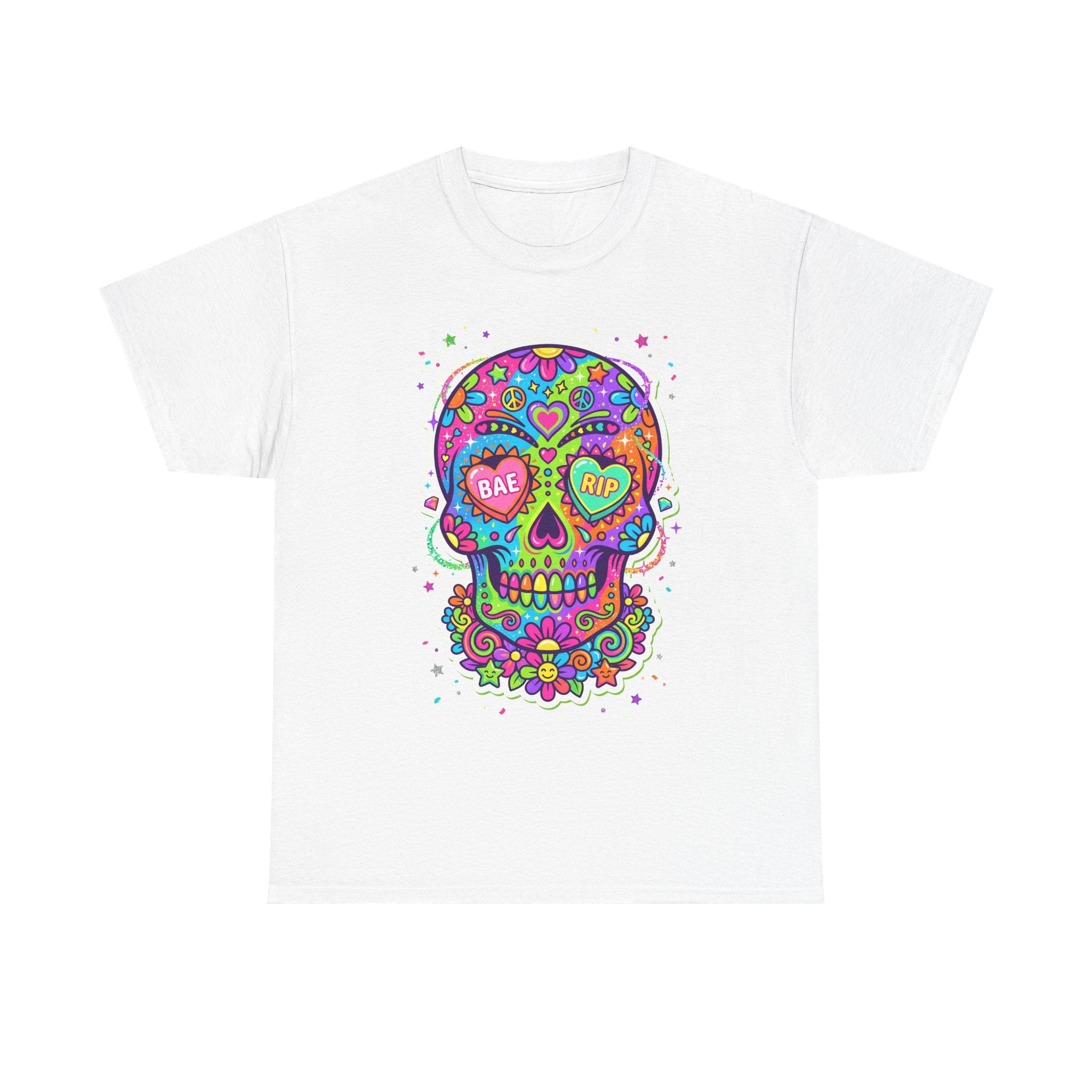 White T-shirt with colorful sugar skull graphic, BAE & RIP heart eyes
