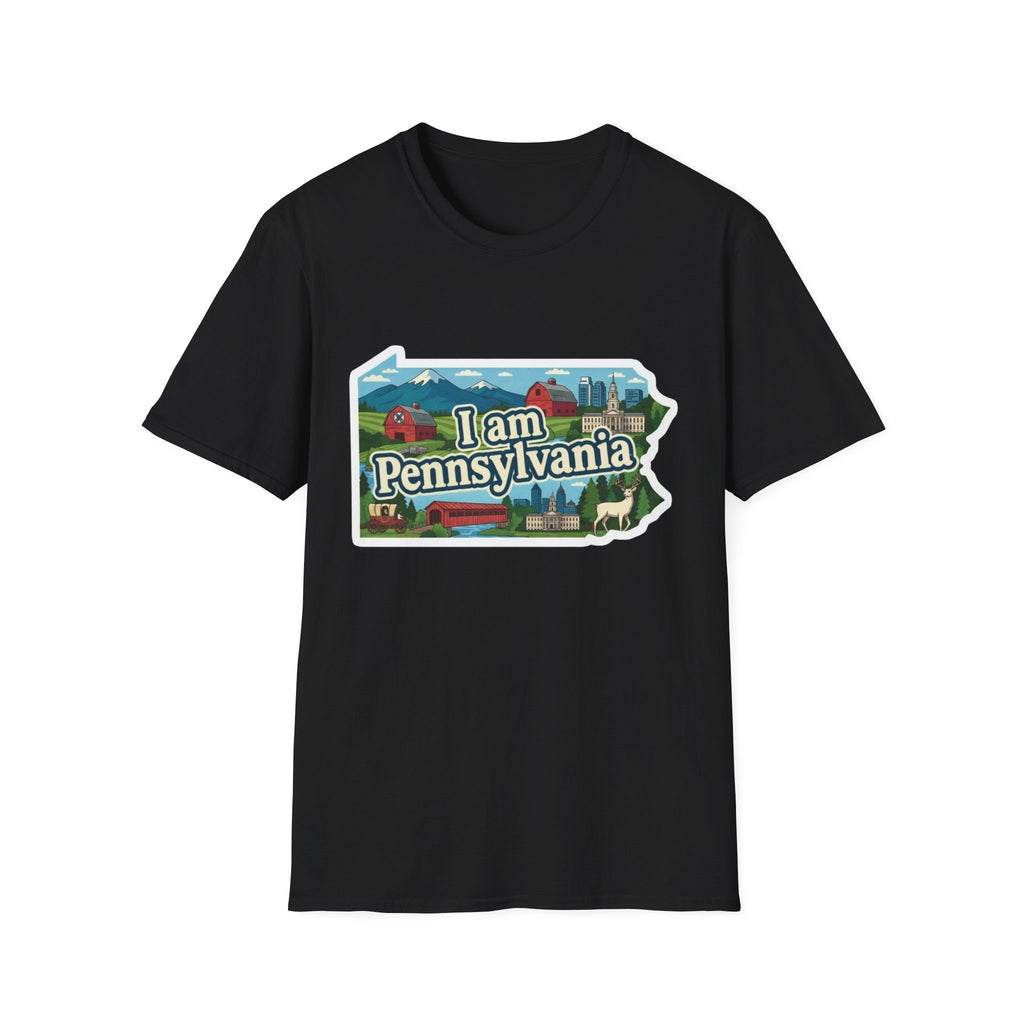 Black T-shirt with “I am Pennsylvania” map graphic and landmarks front print