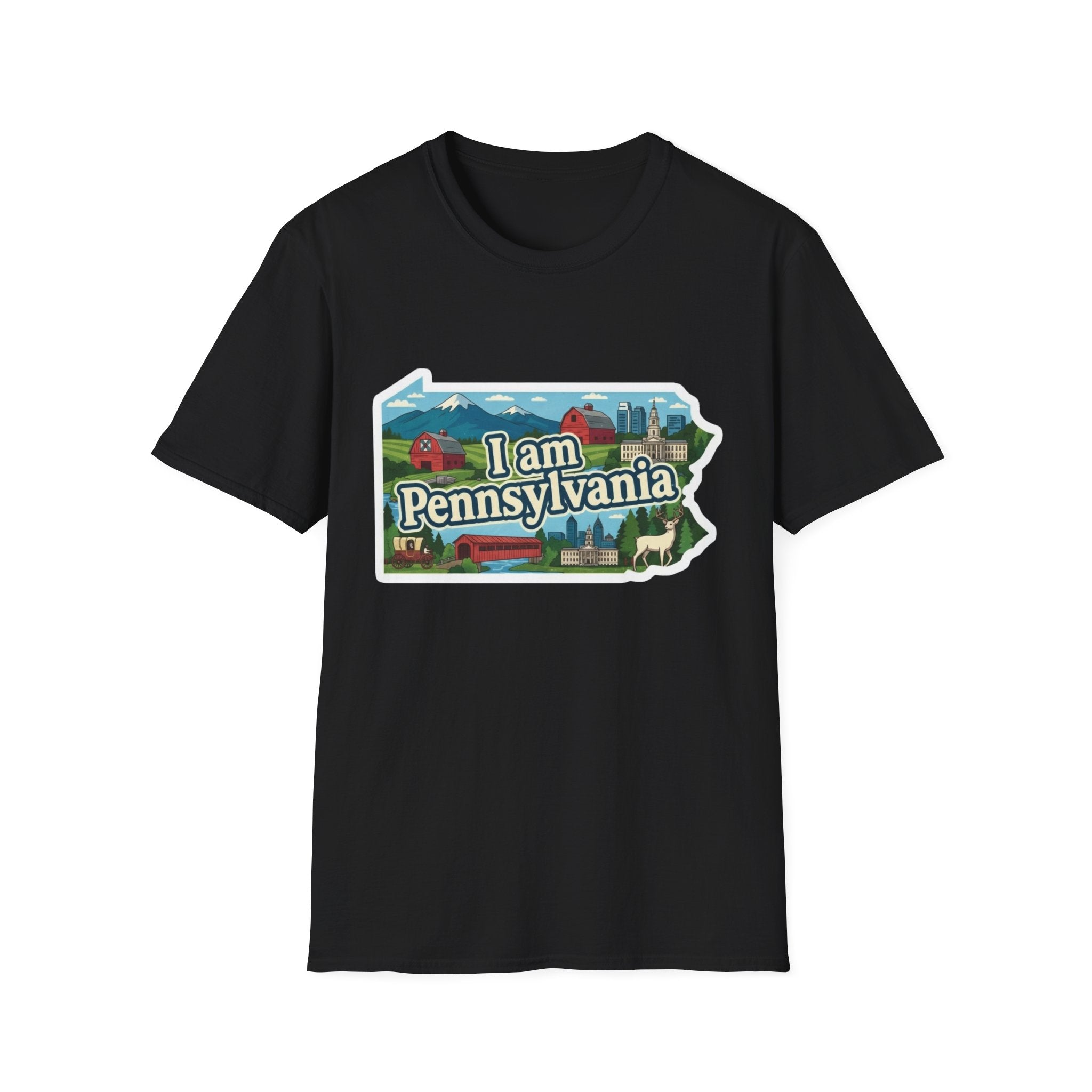 Black T-shirt with “I am Pennsylvania” map graphic and landmarks front print