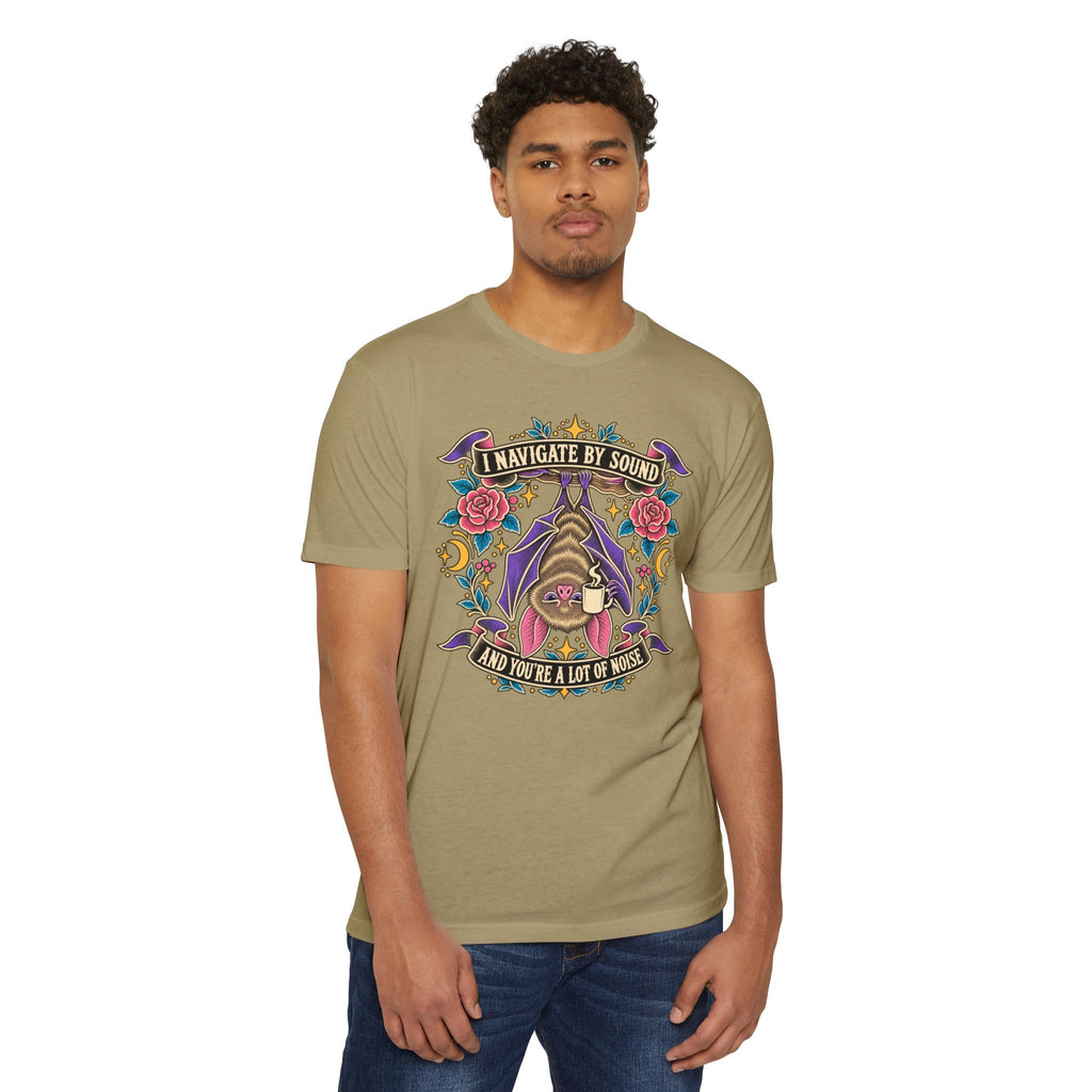 Olive green crewneck T-shirt with colorful gothic cat sound-themed graphic on chest
