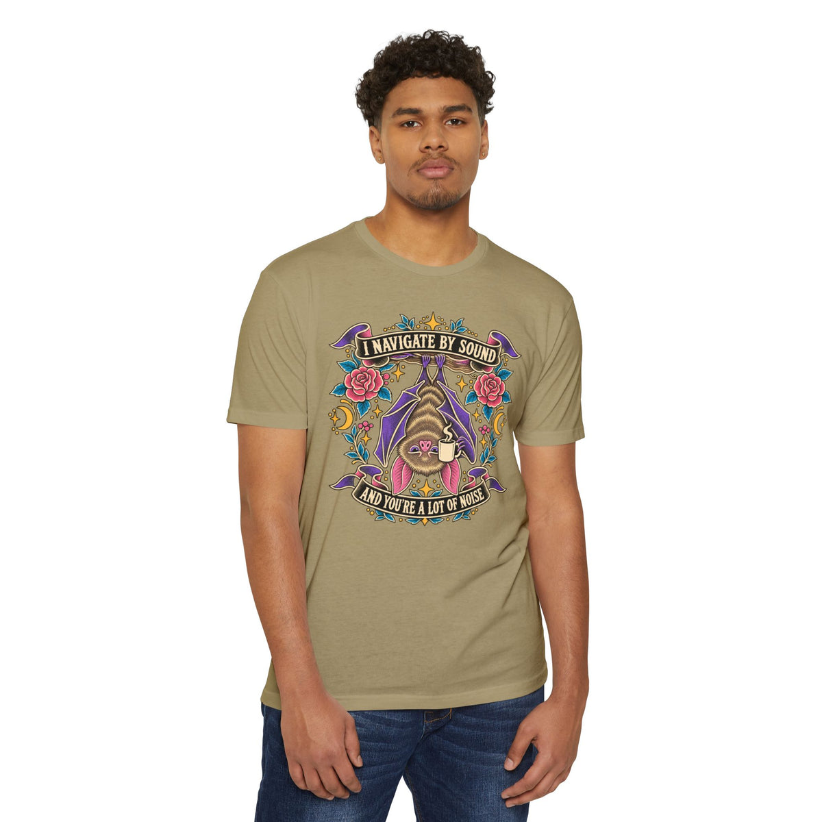 Olive green crewneck T-shirt with colorful gothic cat sound-themed graphic on chest