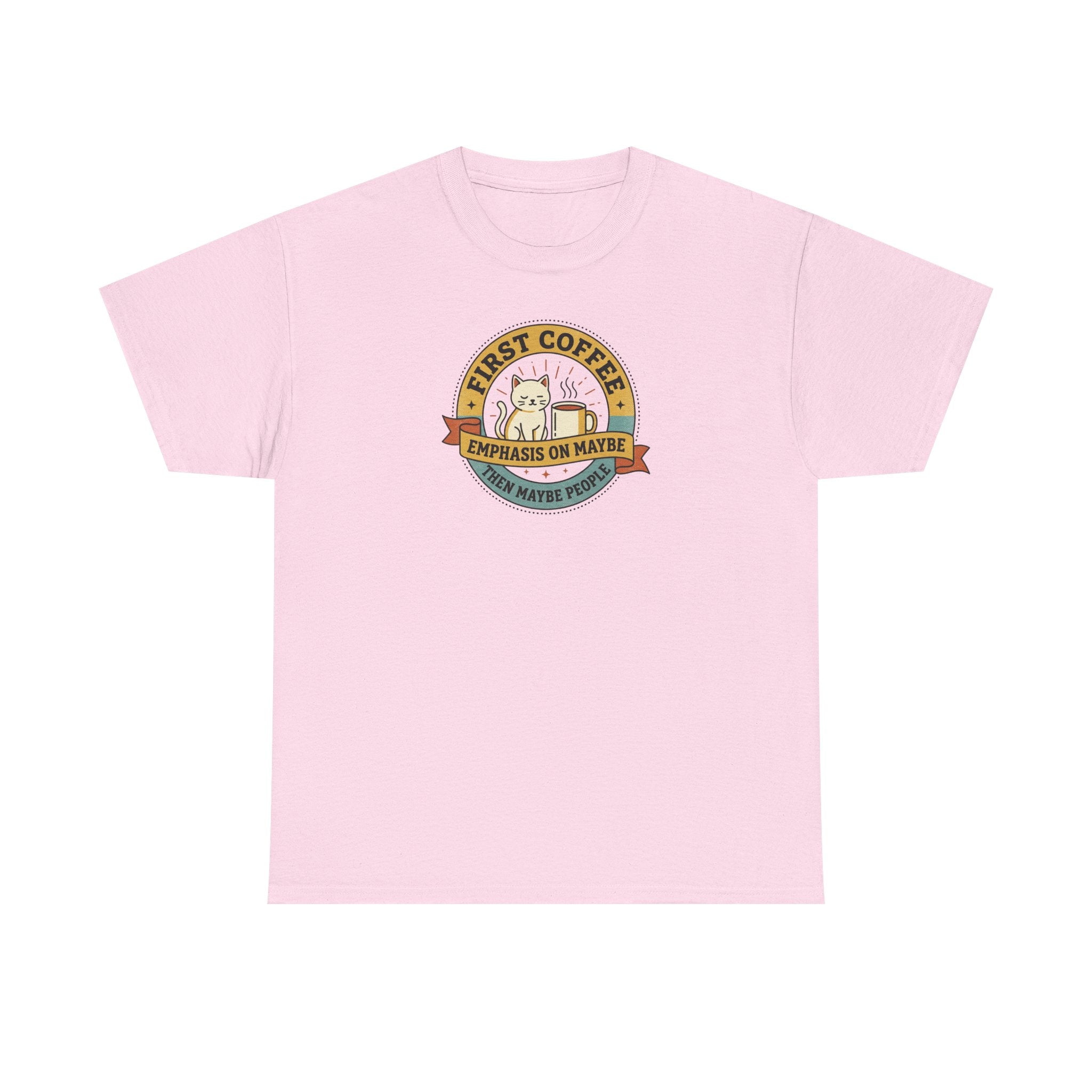 Light pink T-shirt with round “First Coffee” coffee logo graphic on chest.
