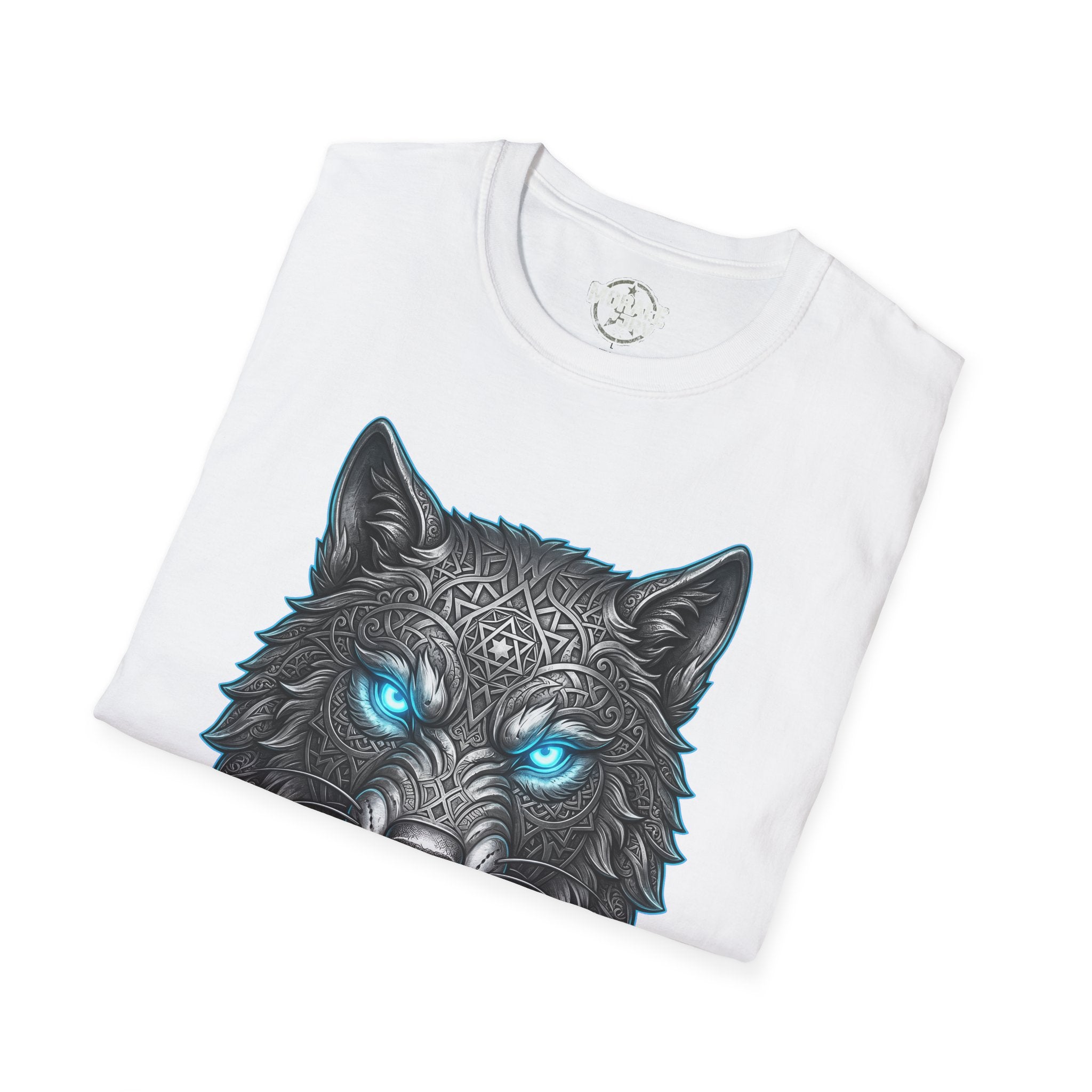 White T-shirt folded view showing wolf head graphic with glowing blue eyes
