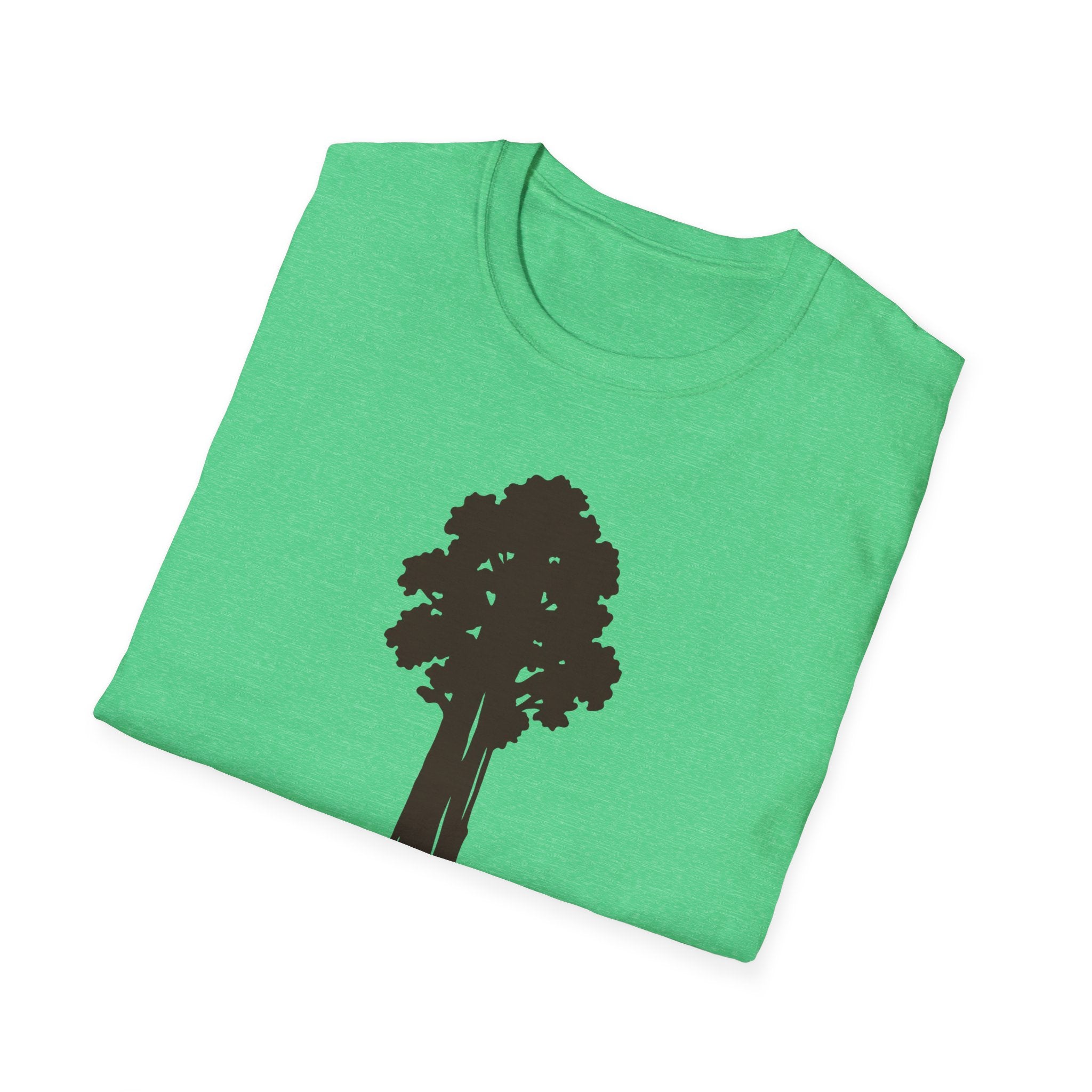 Green T-shirt with sequoia tree graphic on the chest, minimalist nature print