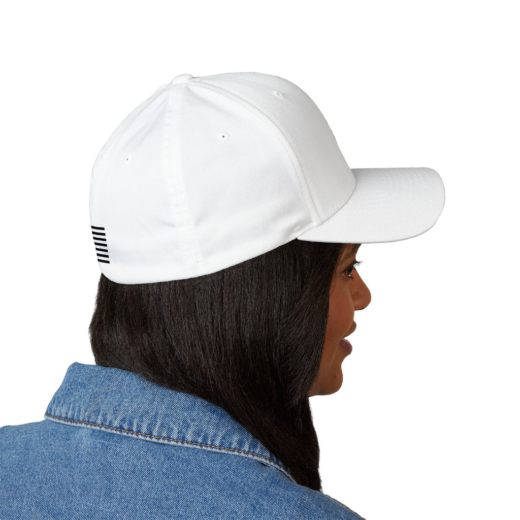 White embroidered baseball cap with flag stripe patch on side