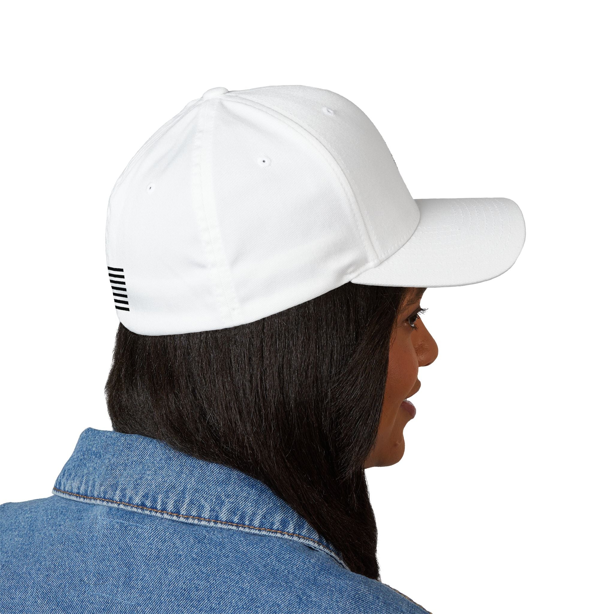 White embroidered baseball cap with flag stripe patch on side