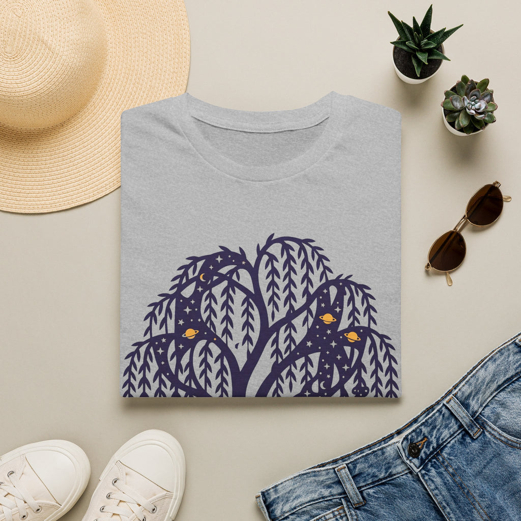 Night owl graphic t-shirt in heather gray with dark blue woodland tree and owl print
