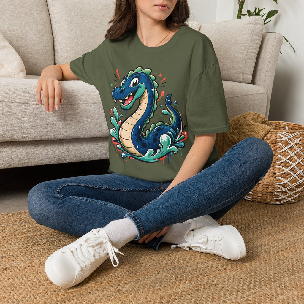 Olive green crewneck T-shirt with colorful cartoon sea serpent graphic on front