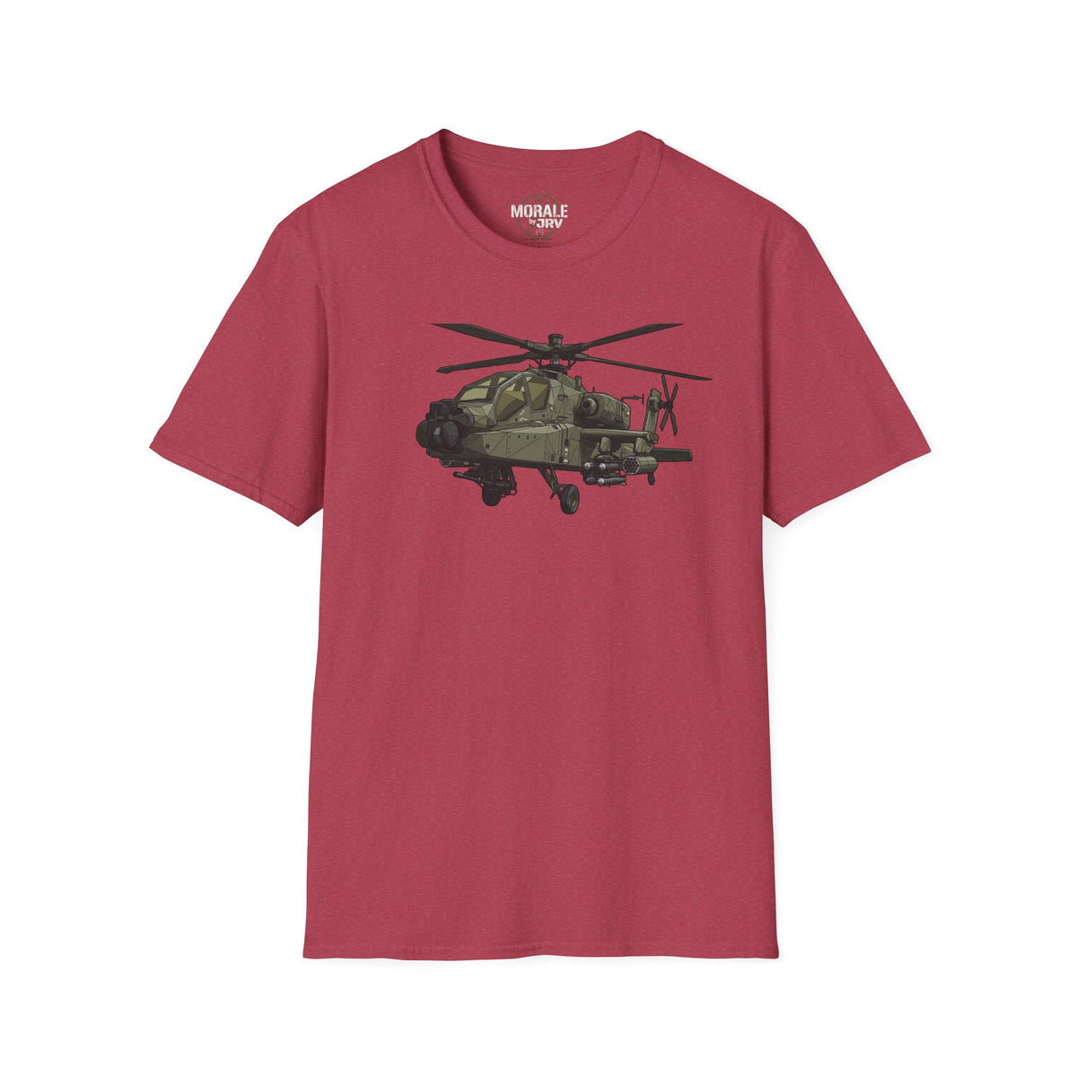Burgundy AH-64 Apache helicopter graphic t-shirt, crew neck short sleeves