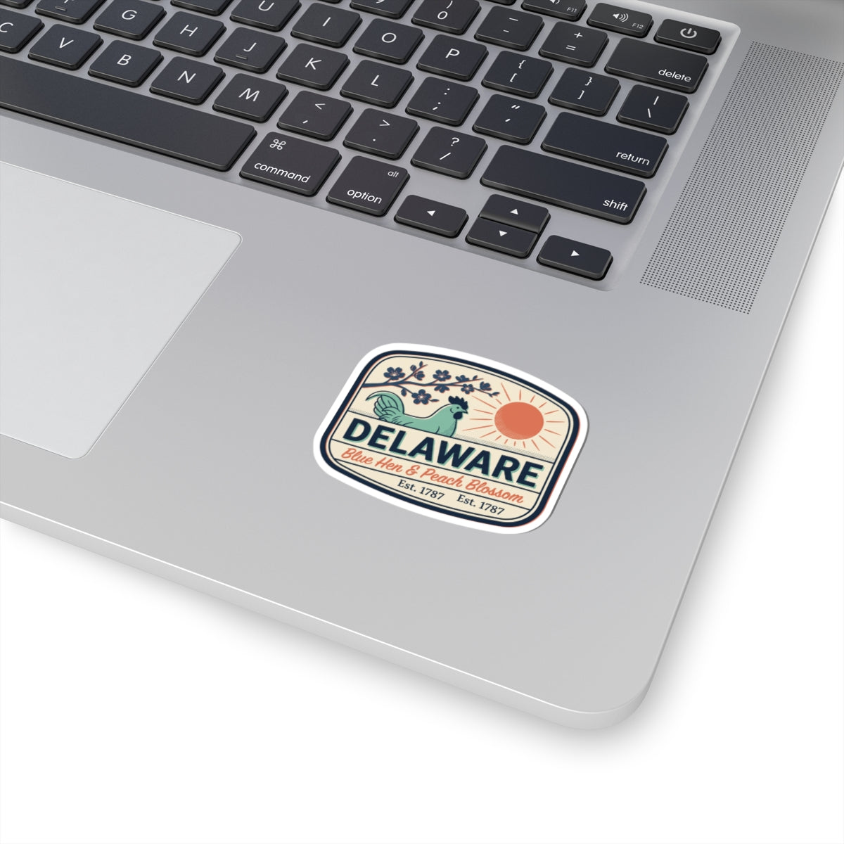 Delaware vintage state badge sticker decal, blue hen and peach blossom design