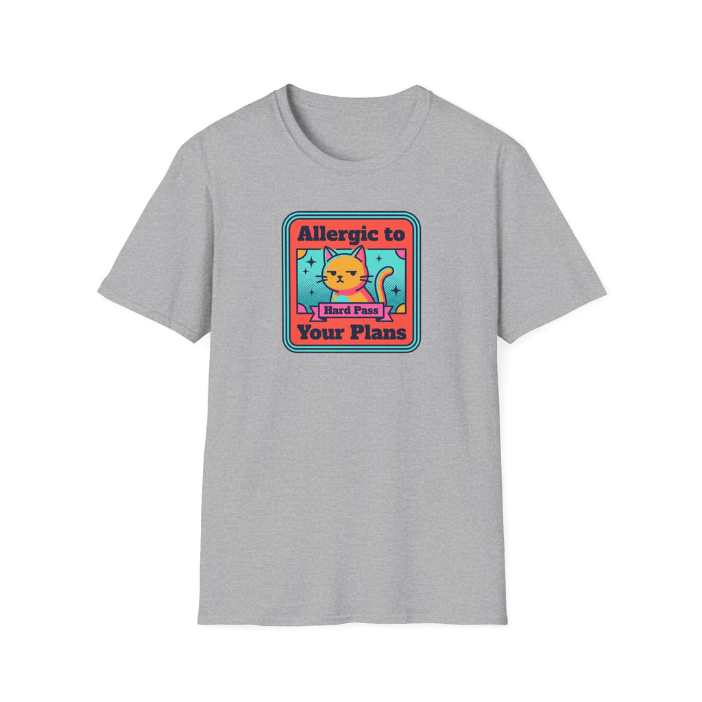 Medium gray crewneck T-shirt with front cat slogan graphic