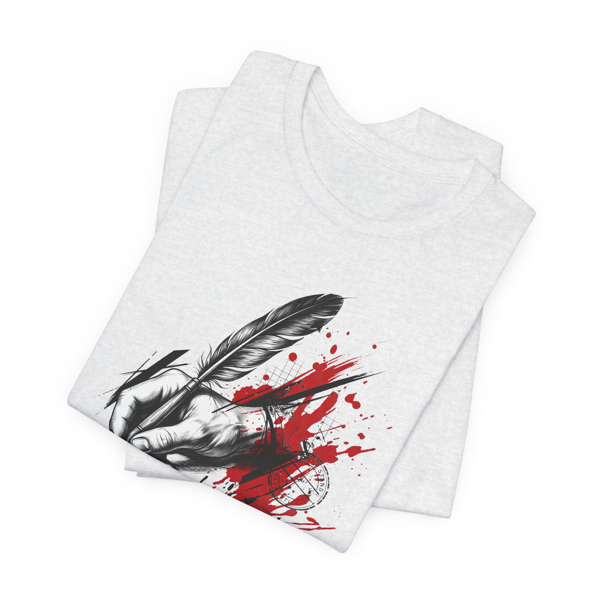 Light heather gray t-shirt with black-and-white quill hand and red ink splash graphic