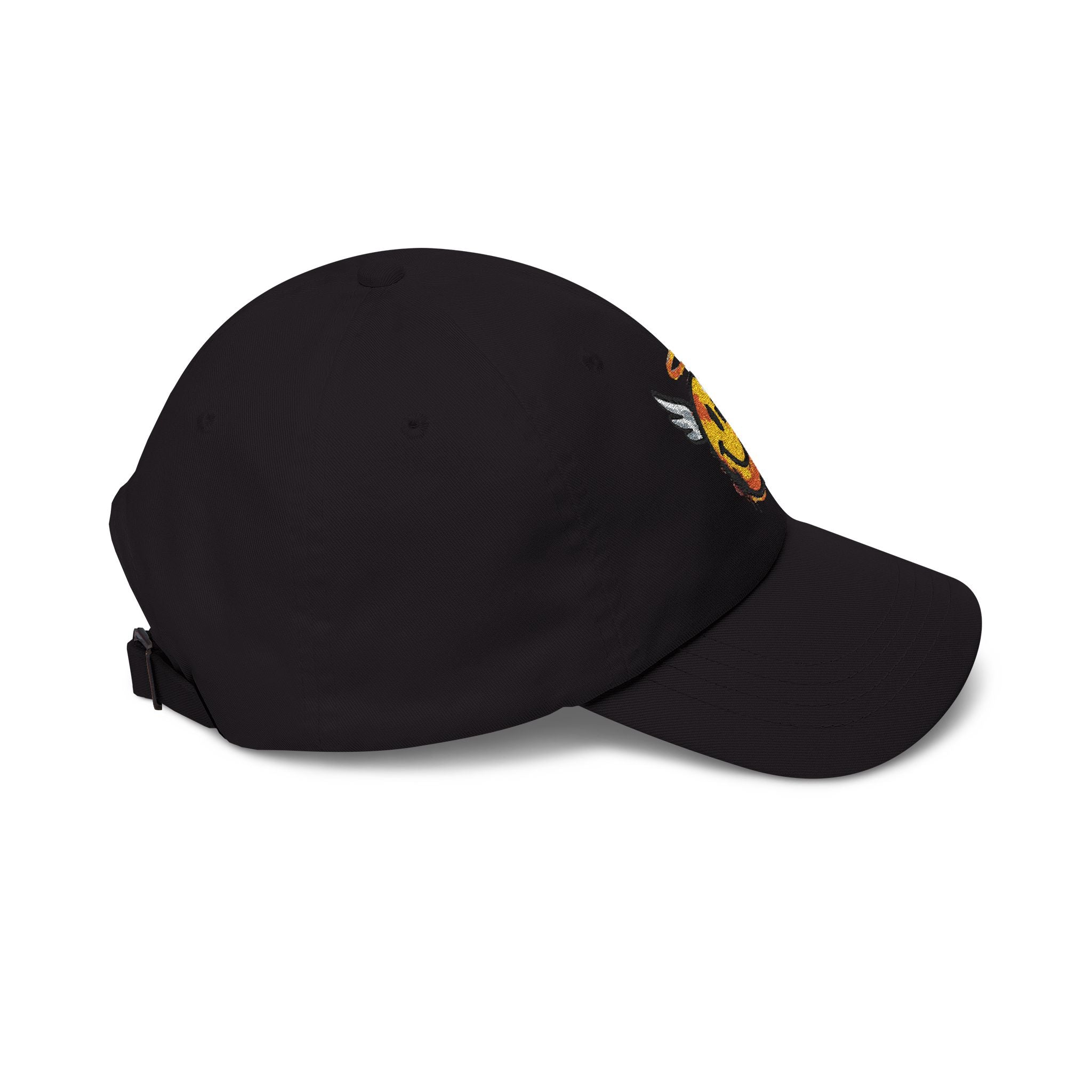 Black dad cap angled side view showing winged smiley embroidery