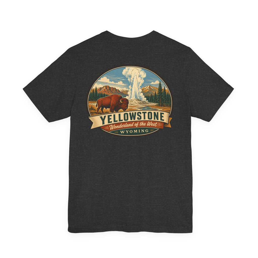 Black crewneck T-shirt with Yellowstone landscape graphic and Wyoming text