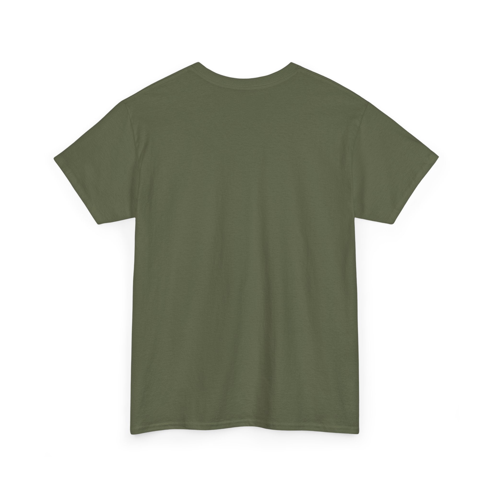 Olive green T-shirt with crew neck and short sleeves, plain back view