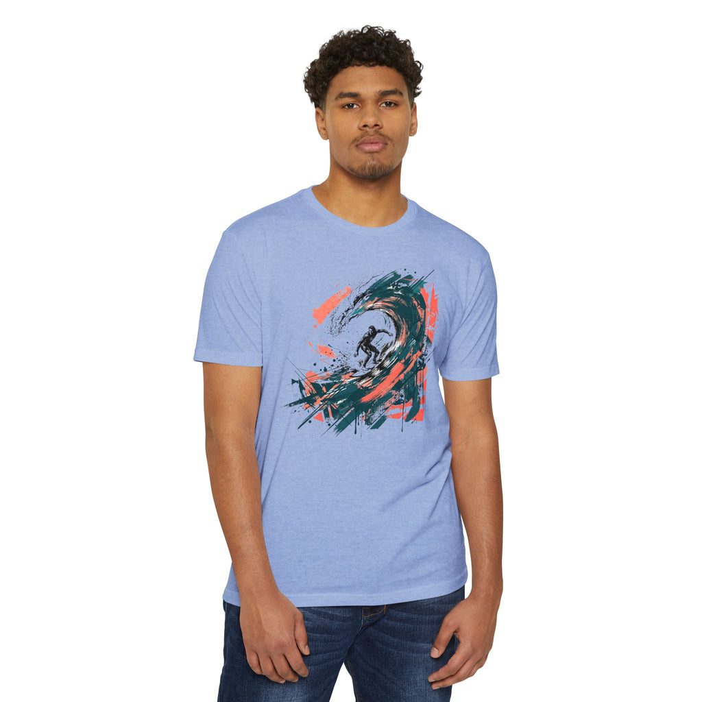 Blue crewneck T-shirt with abstract wave paintbrush graphic on chest