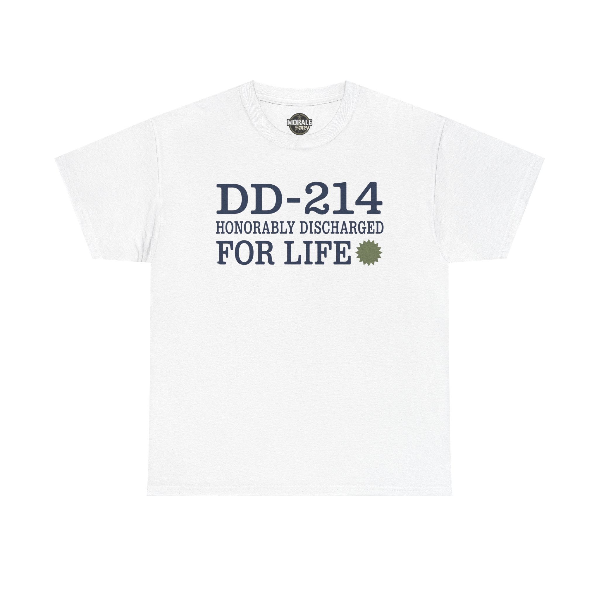 White T-shirt with DD-214 Honorable Discharged For Life graphic