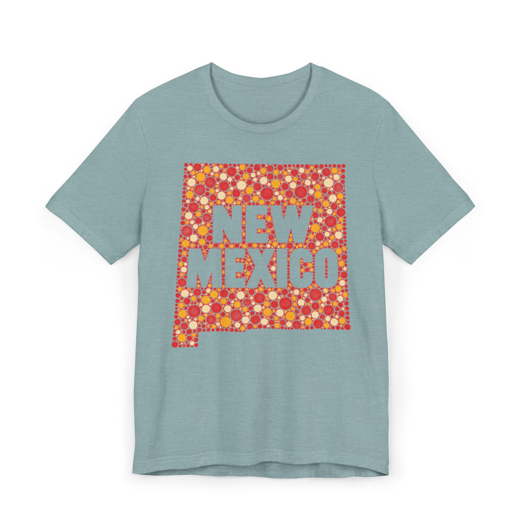 Light blue short-sleeve T-shirt with colorful “New Mexico” patterned graphic on front.