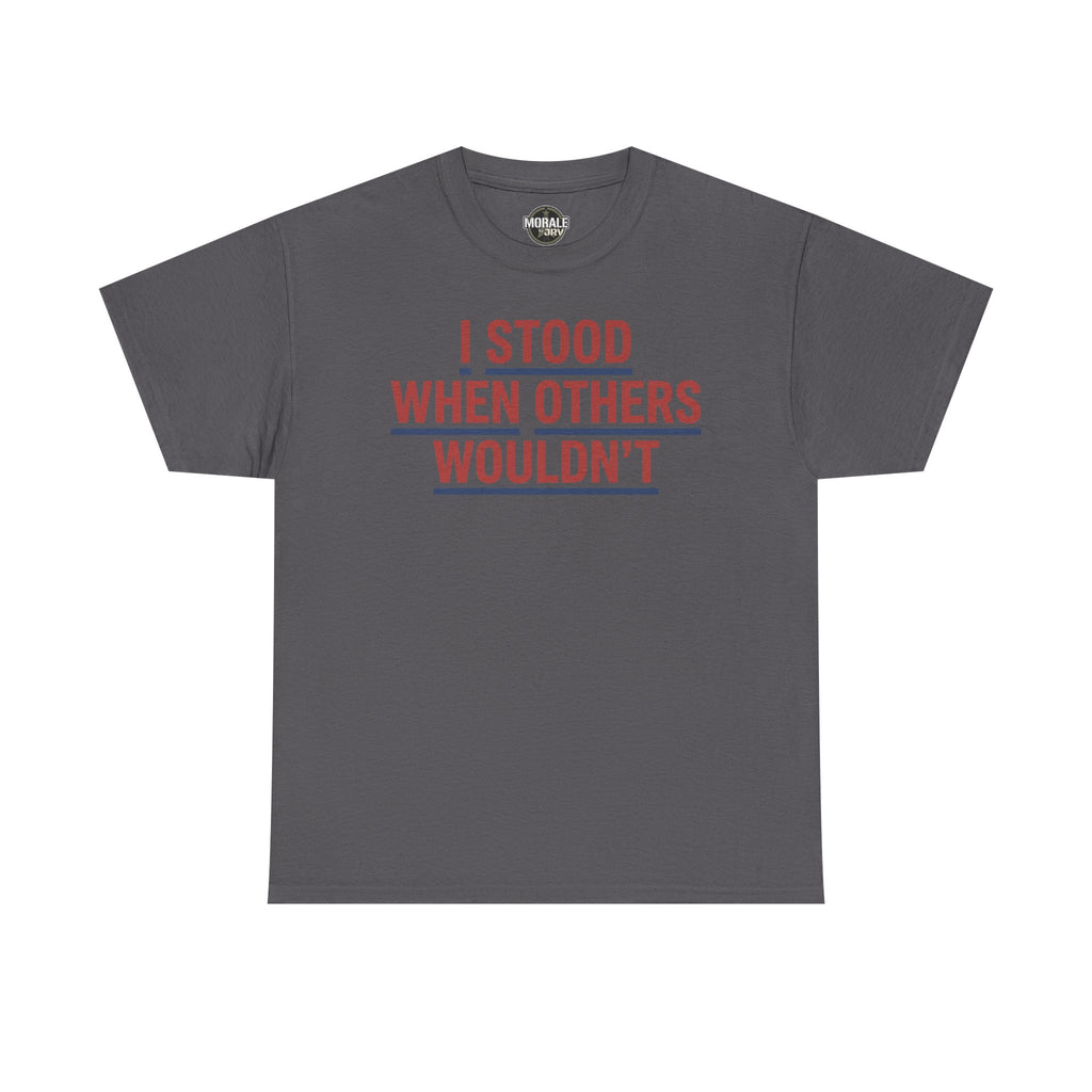 Charcoal T-shirt with red and gray slogan graphic, crew neck