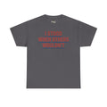 Charcoal T-shirt with red and gray slogan graphic, crew neck