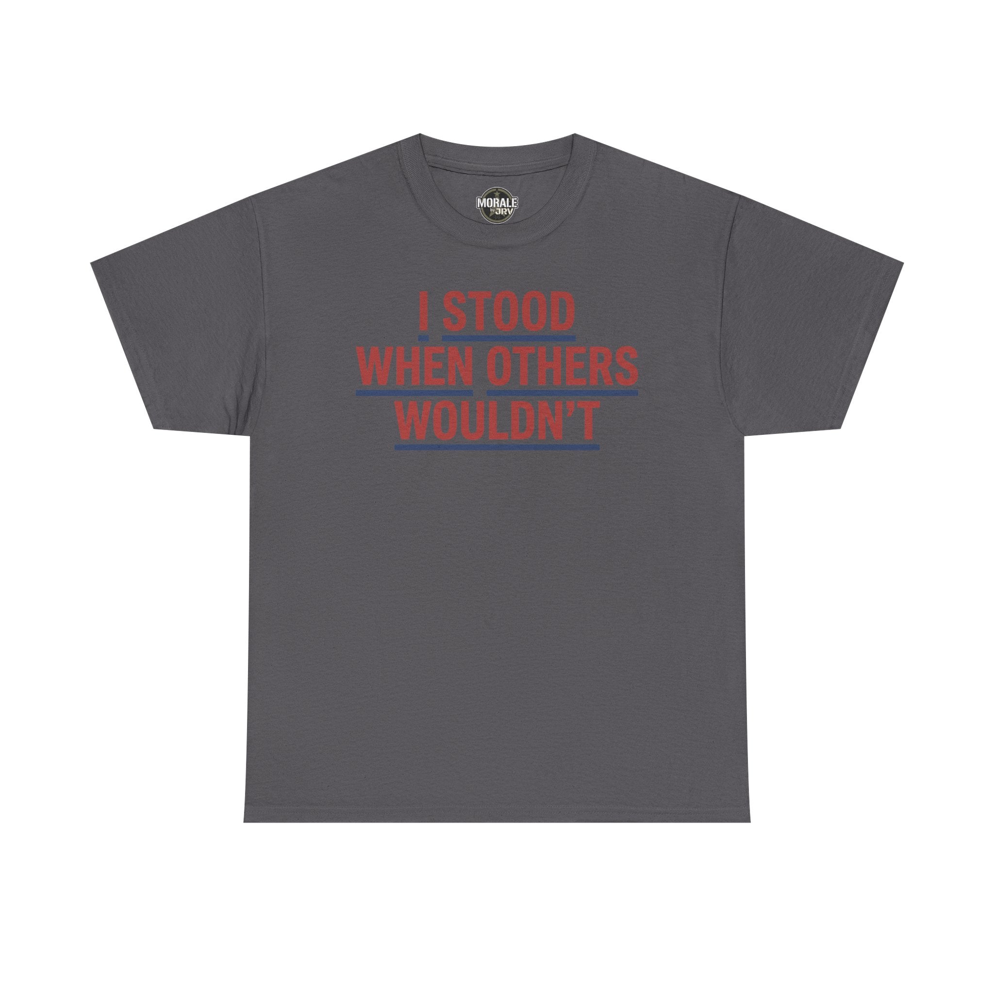 Charcoal T-shirt with red and gray slogan graphic, crew neck