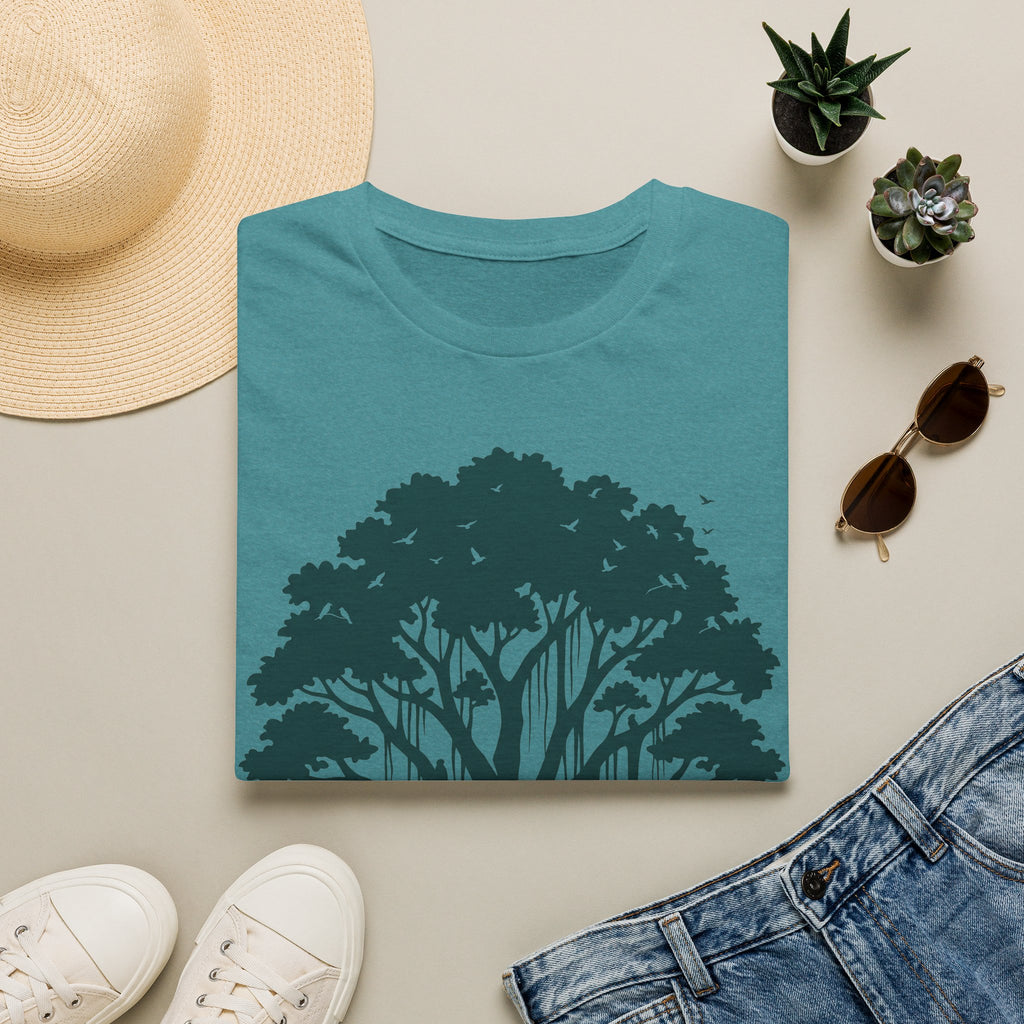 Teal crewneck t-shirt with dark teal banyan tree silhouette and birds graphic