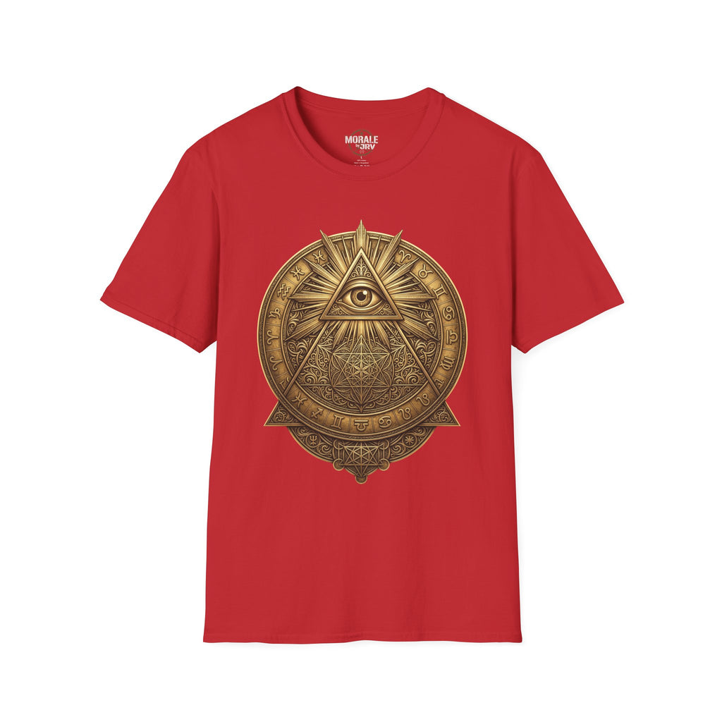Red t-shirt with gold all-seeing eye mandala pyramid symbol
