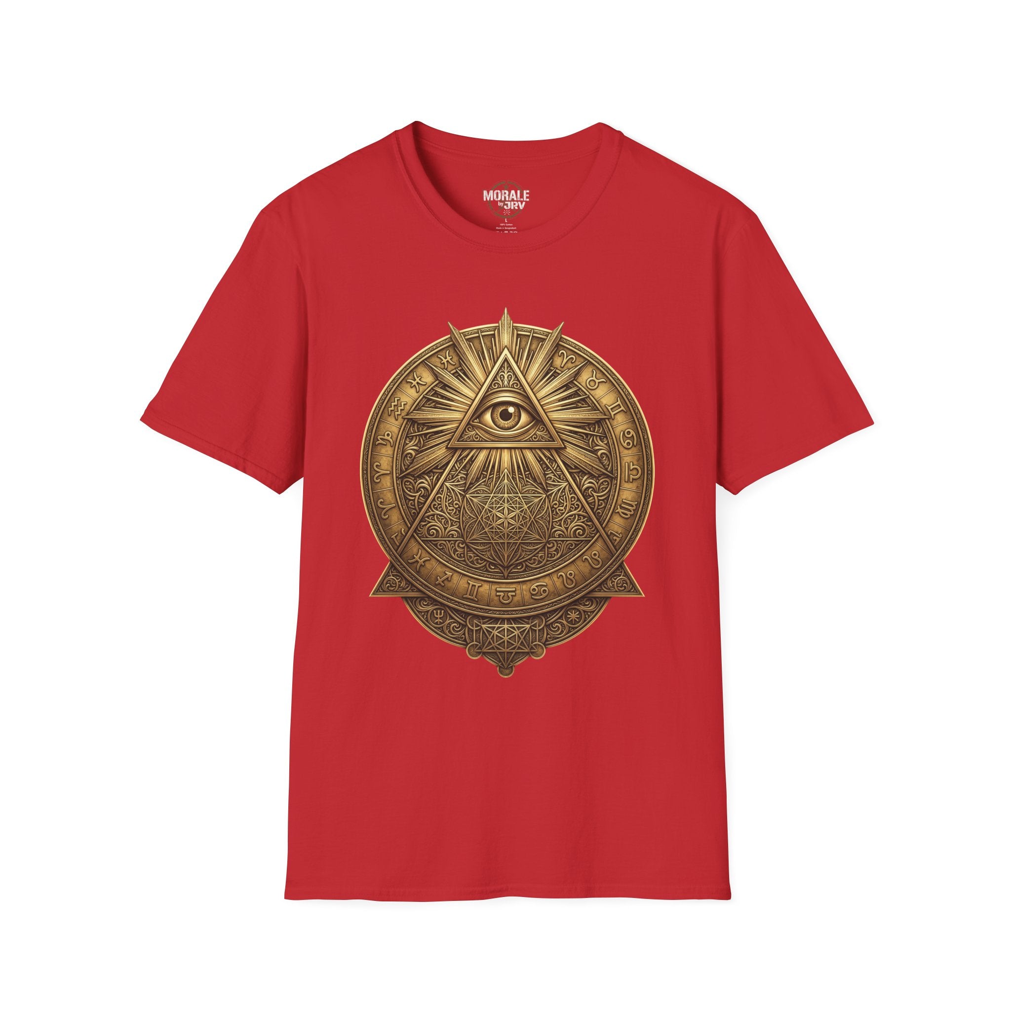 Red t-shirt with gold all-seeing eye mandala pyramid symbol