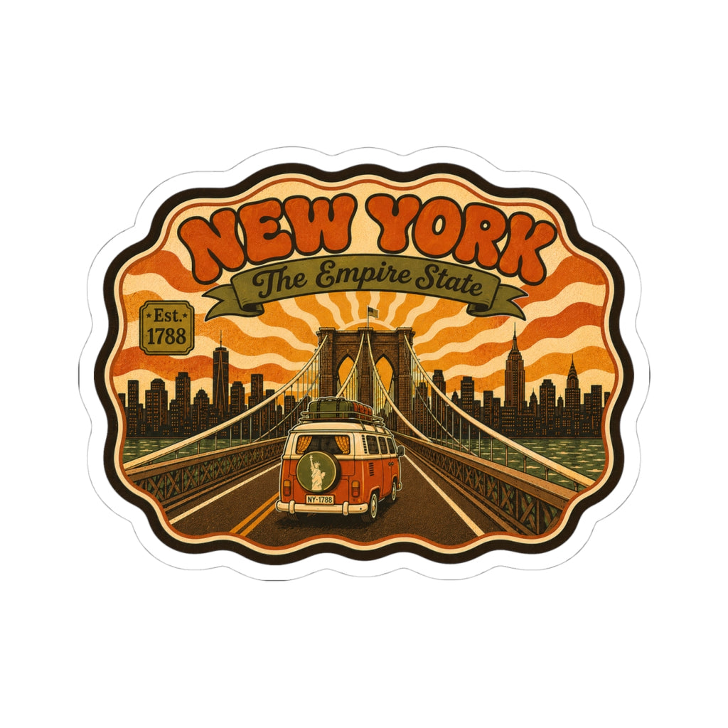 Kiss-cut vinyl sticker showing 'NEW YORK' lettering over Empire State skyline with orange tiger stripe.