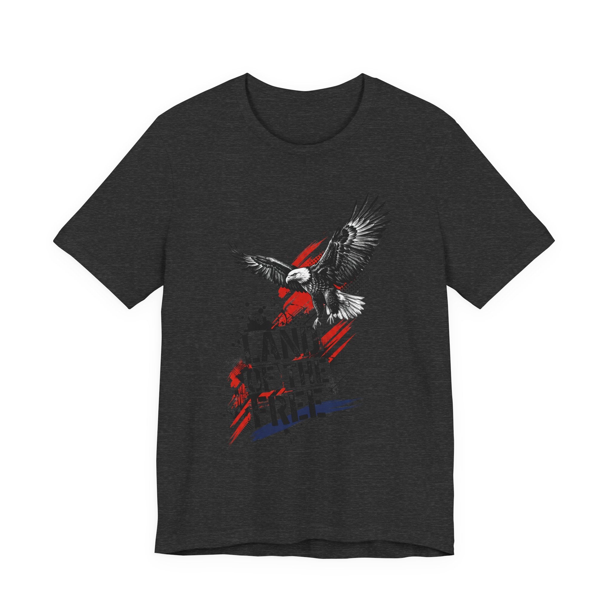 Charcoal dark grey eagle graphic t-shirt with distressed "Land of the Free" text and flag accents