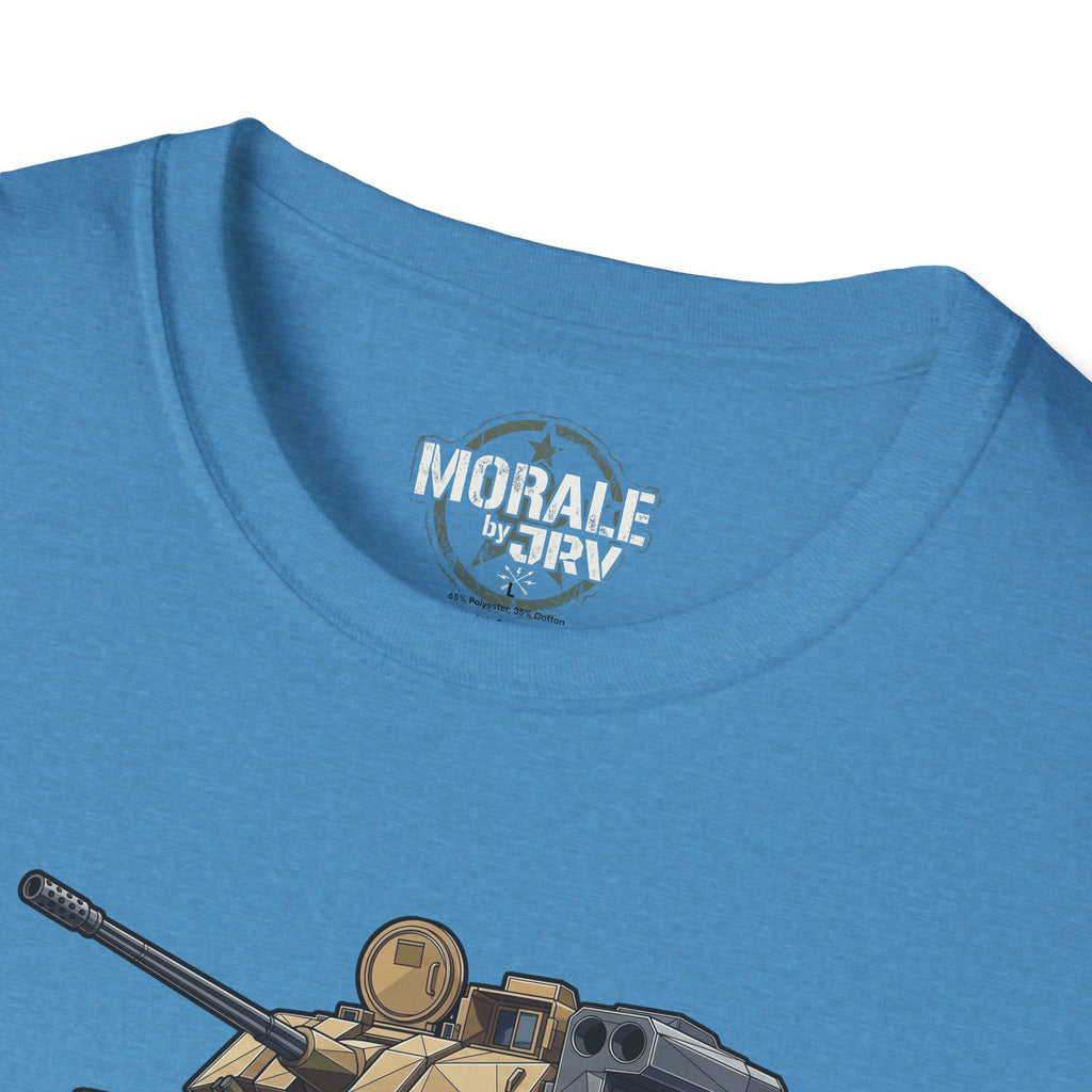 Military tank T-shirt close-up: "MORALE" neck logo and tank cannon