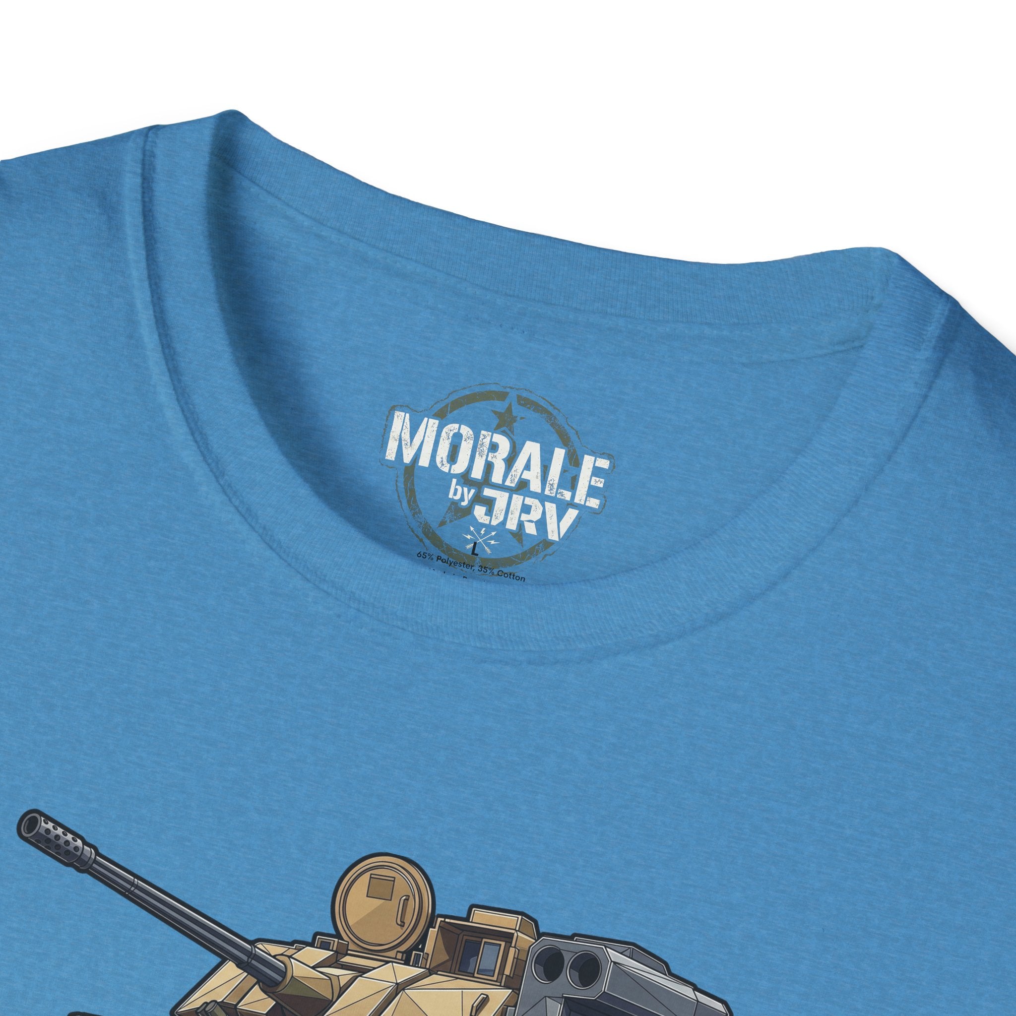 Military tank T-shirt close-up: "MORALE" neck logo and tank cannon
