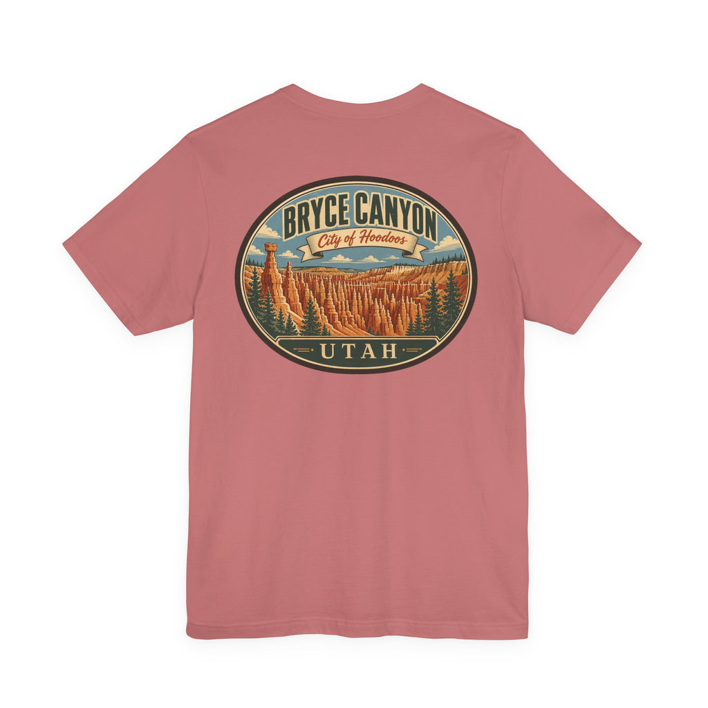 Heather Peach Bryce Canyon t-shirt with large centered Bryce Canyon Utah graphic emblem
