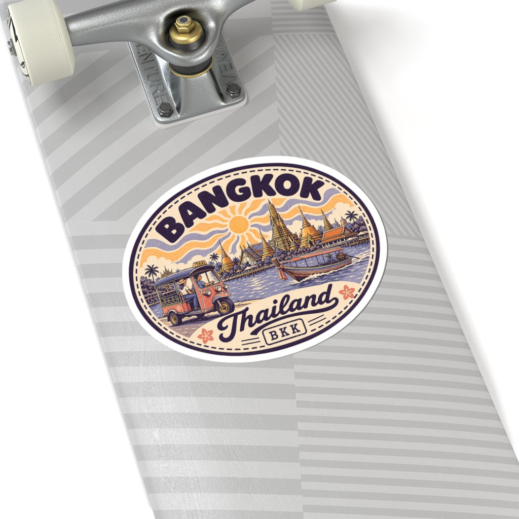 Oval Bangkok Thailand sticker on suitcase; striped fabric with tuk-tuk, temples, river boat