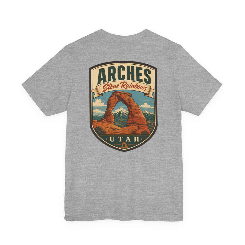 Dark gray heather t-shirt with large Arches Utah shield graphic on the chest