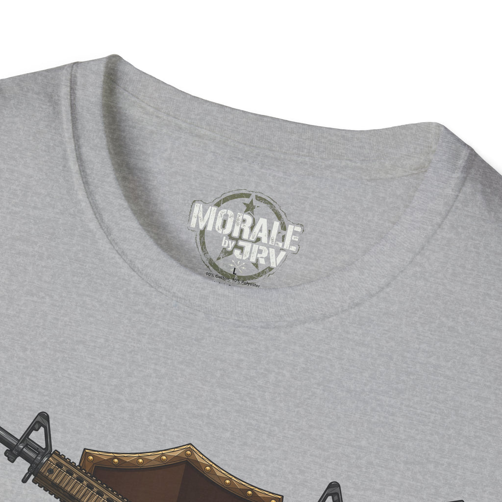 Sport Grey t-shirt neckline with small emblem and partial rifle graphic