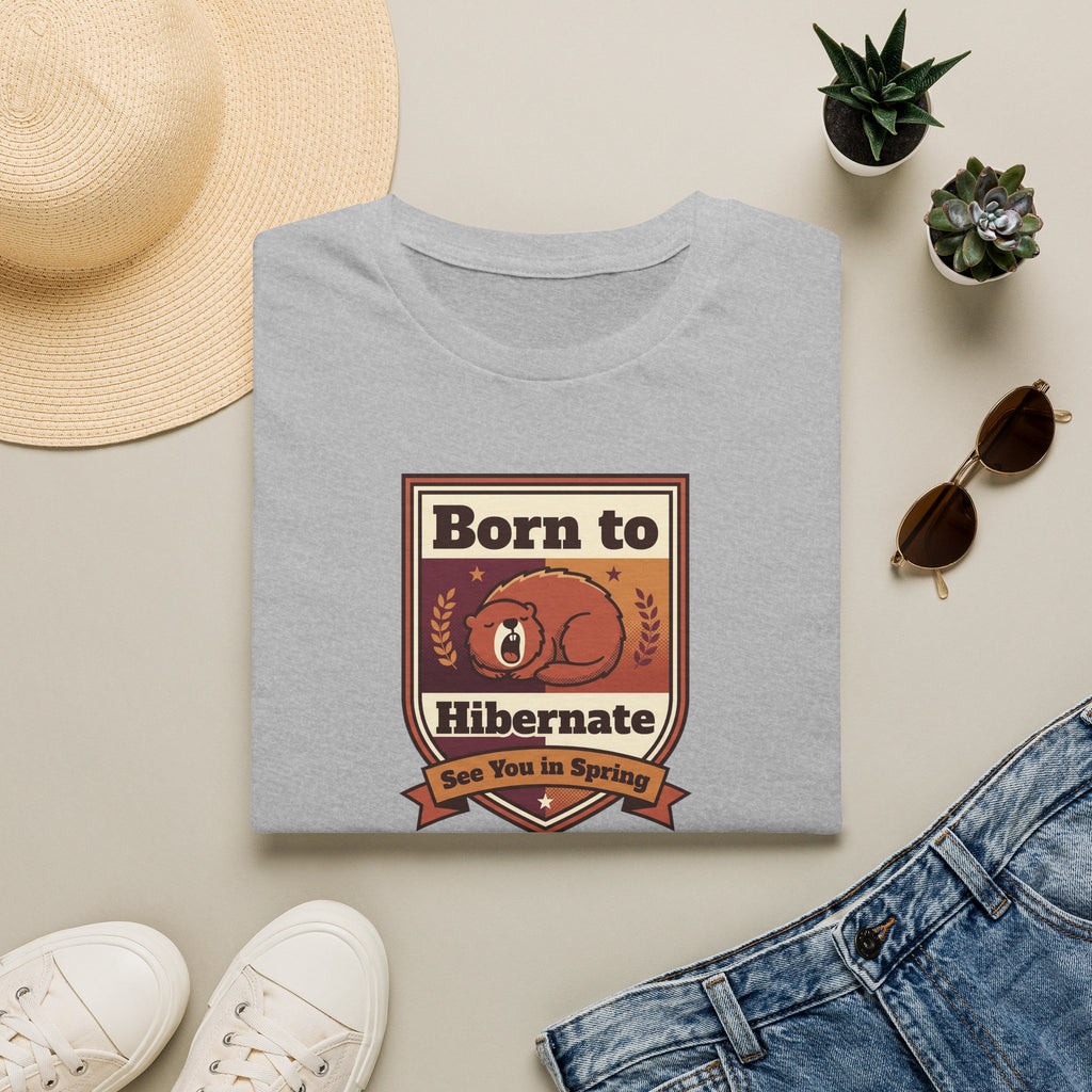 Light gray graphic T-shirt with centered bear "Born to Hibernate" badge print