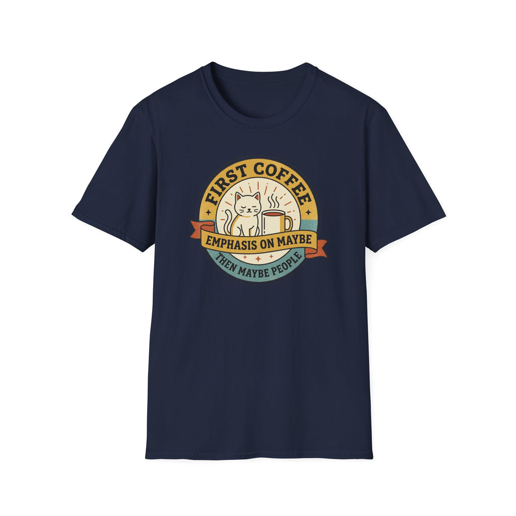 Navy T-shirt with cat coffee circular graphic on front
