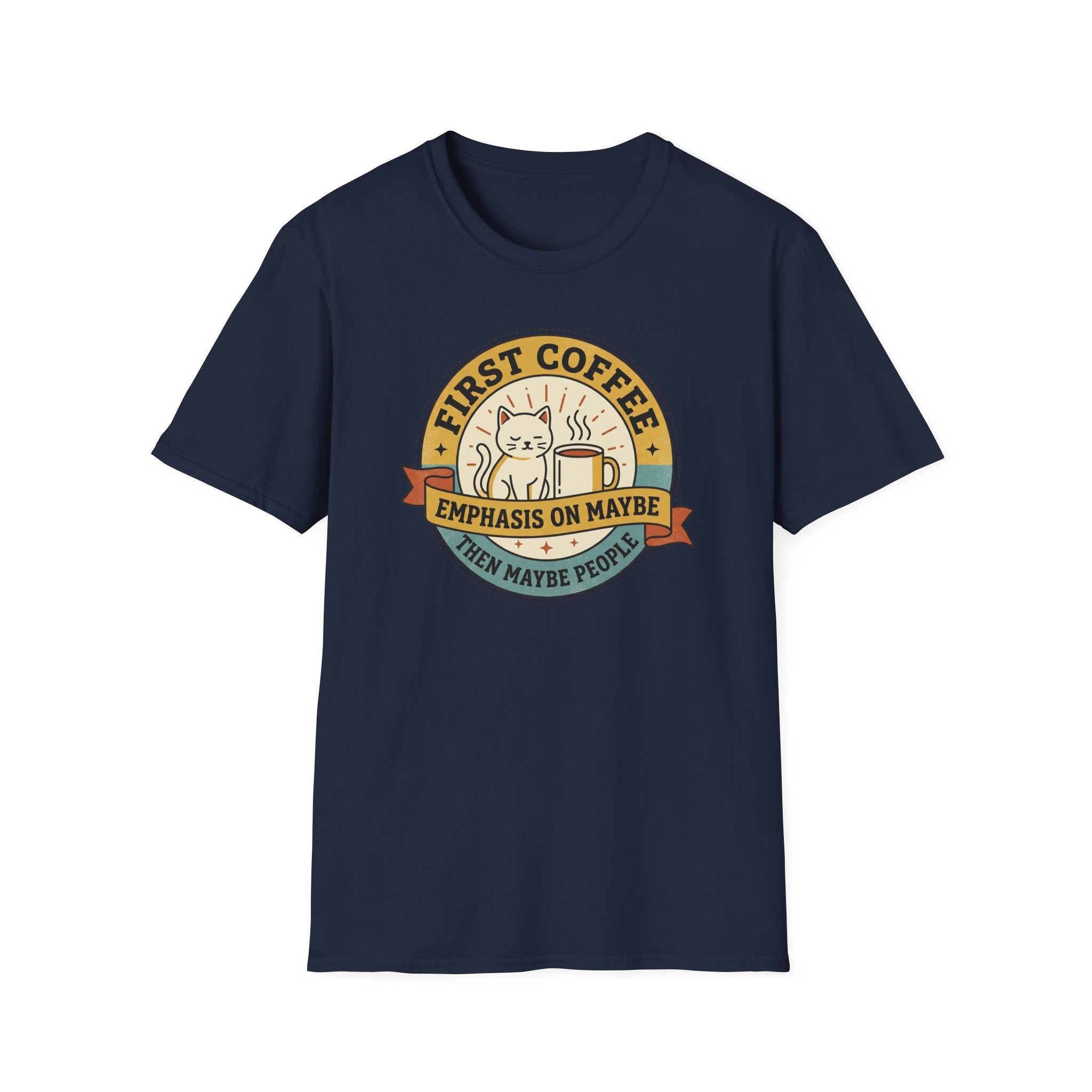 Navy T-shirt with cat coffee circular graphic on front