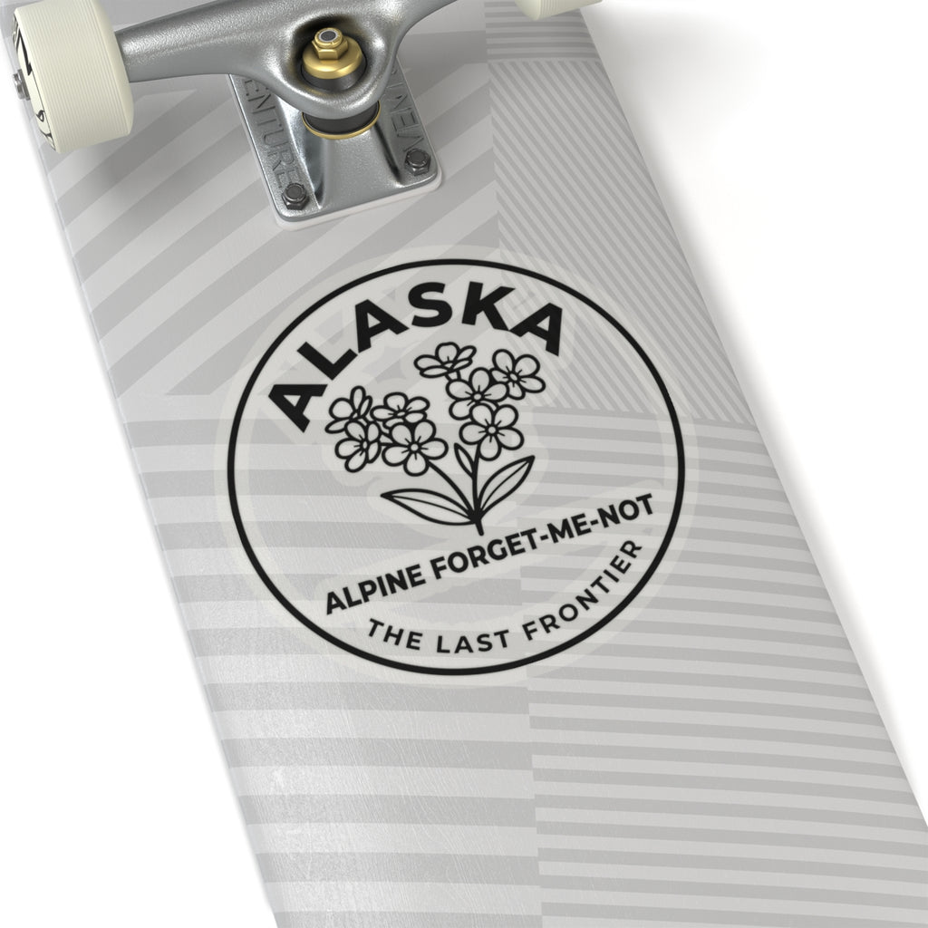 Alaska state flower sticker, circular transparent vinyl decal with forget-me-not text and blossoms