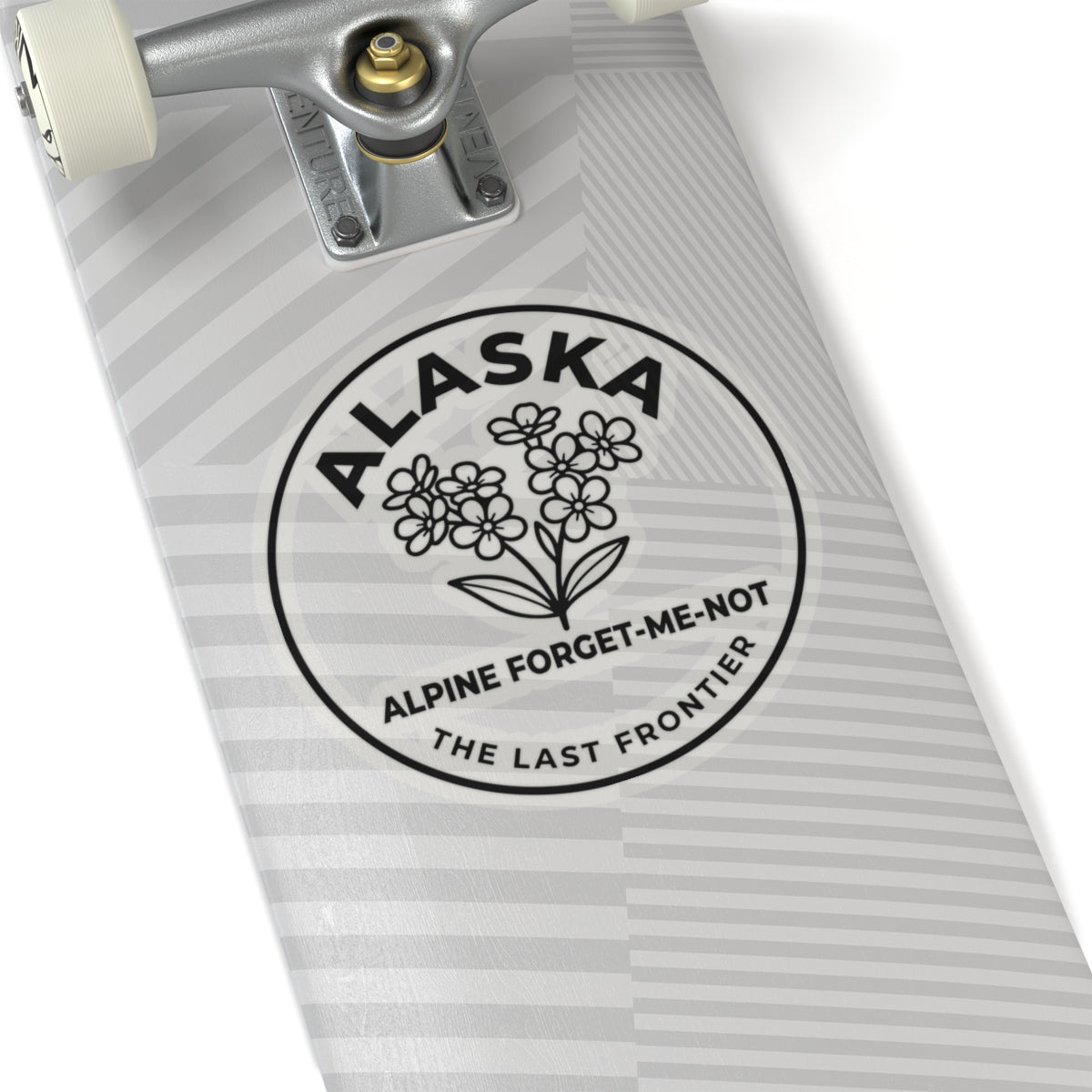 Alaska state flower sticker, circular transparent vinyl decal with forget-me-not text and blossoms