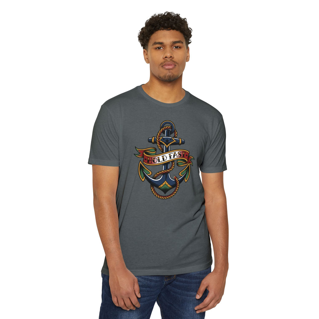 Men's heather gray T-shirt with colorful nautical anchor graphic on front
