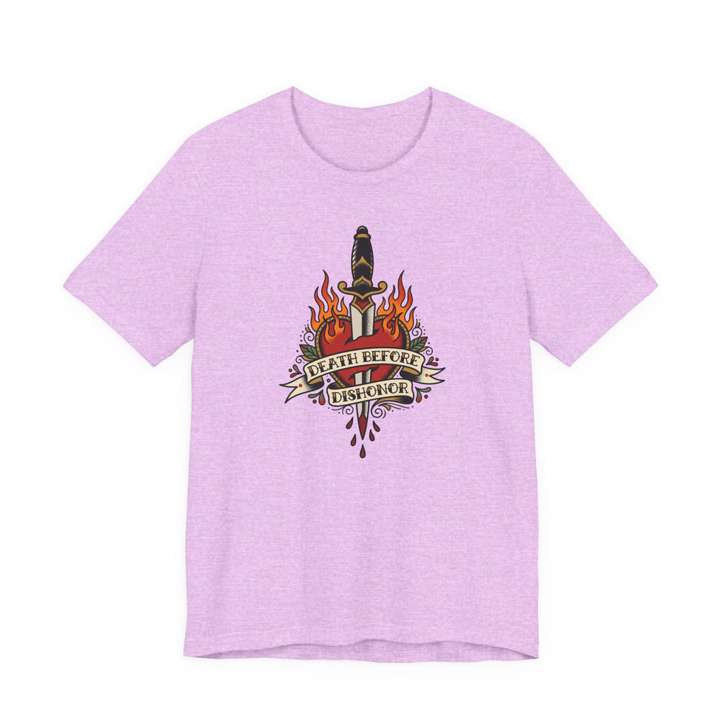 Light purple T-shirt with flaming dagger and banner graphic at center front