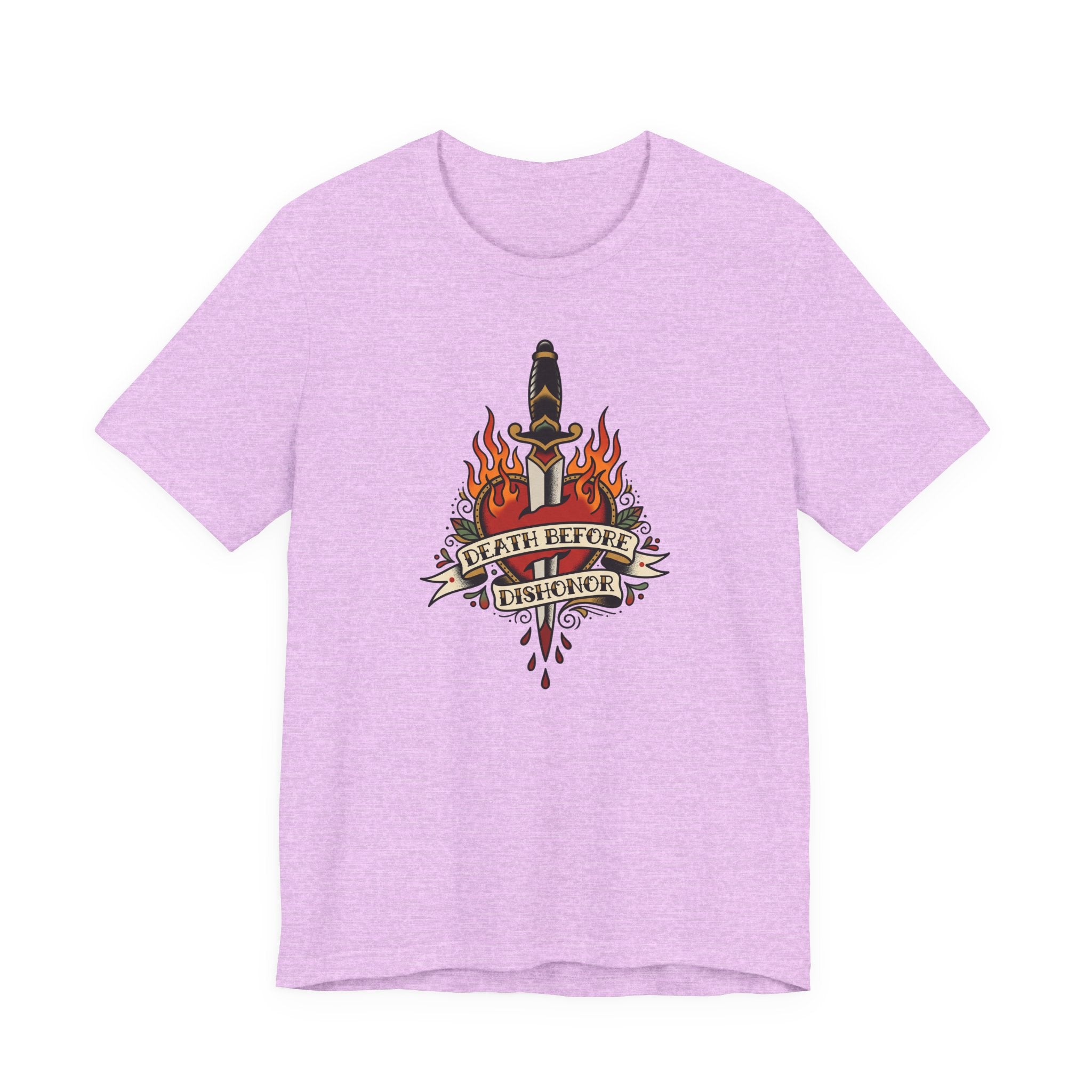 Light purple T-shirt with flaming dagger and banner graphic at center front