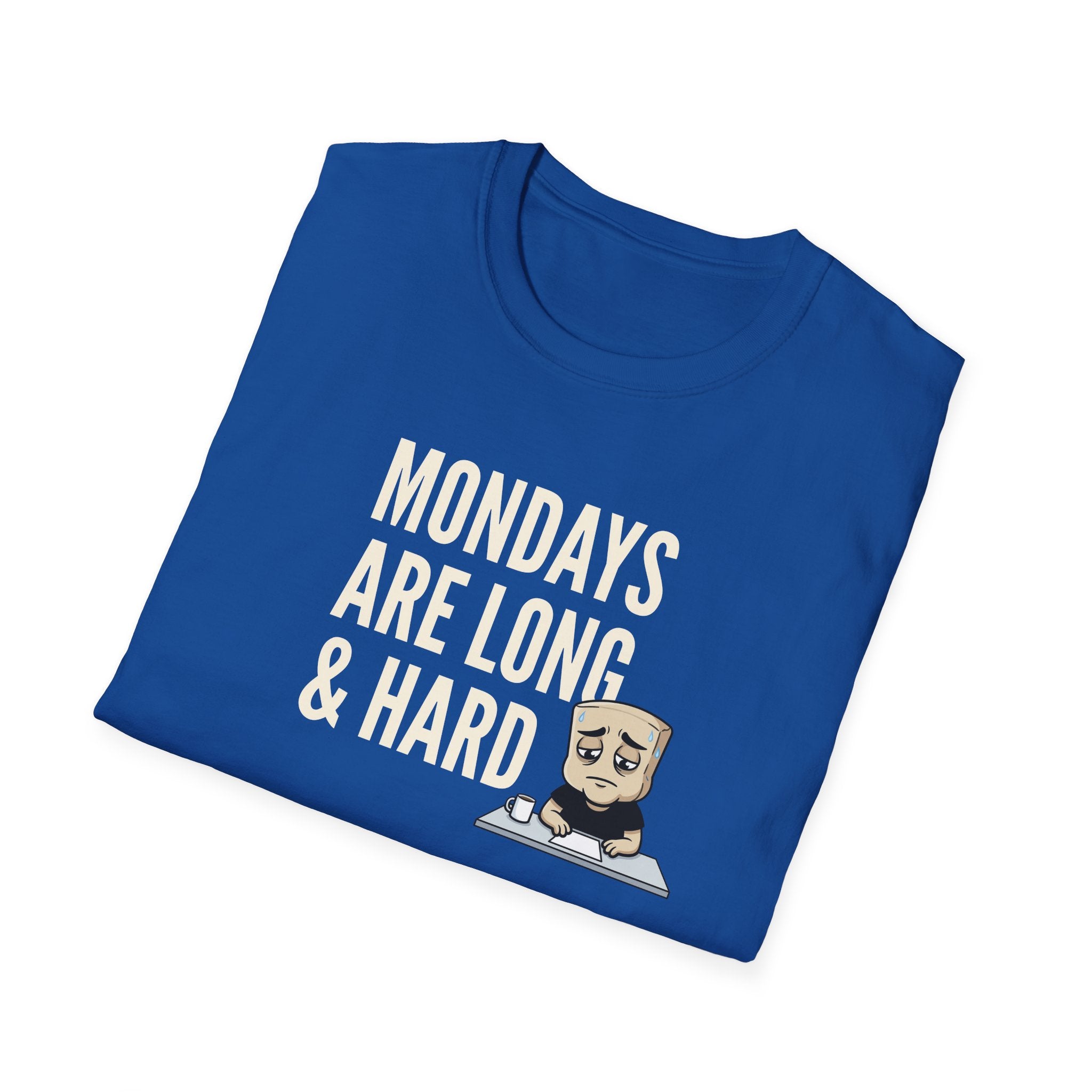Royal blue T-shirt with “Mondays are long & hard” coffee mug graphic