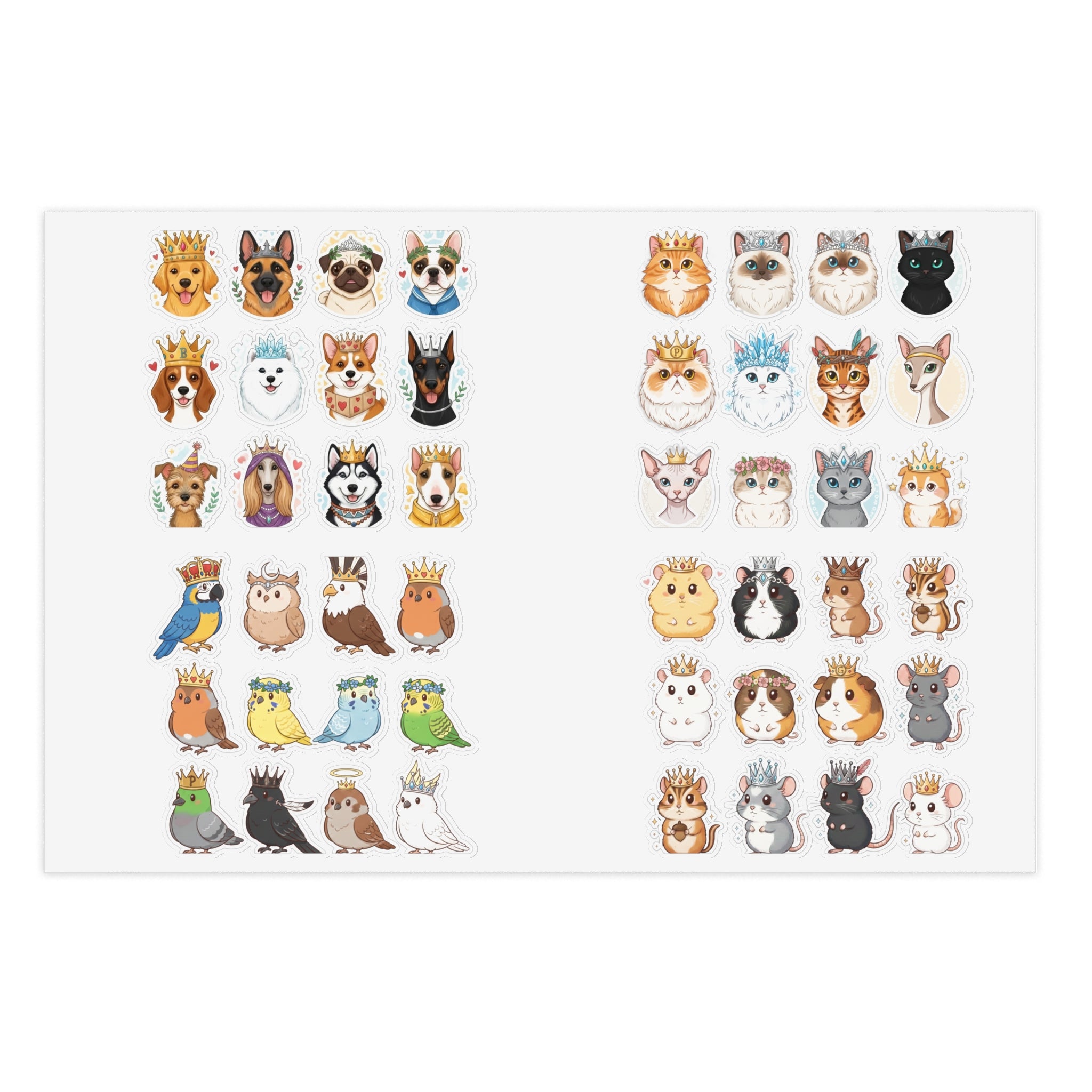 Royal Pets die-cut sticker sheet of crowned pet portraits, dogs and cats