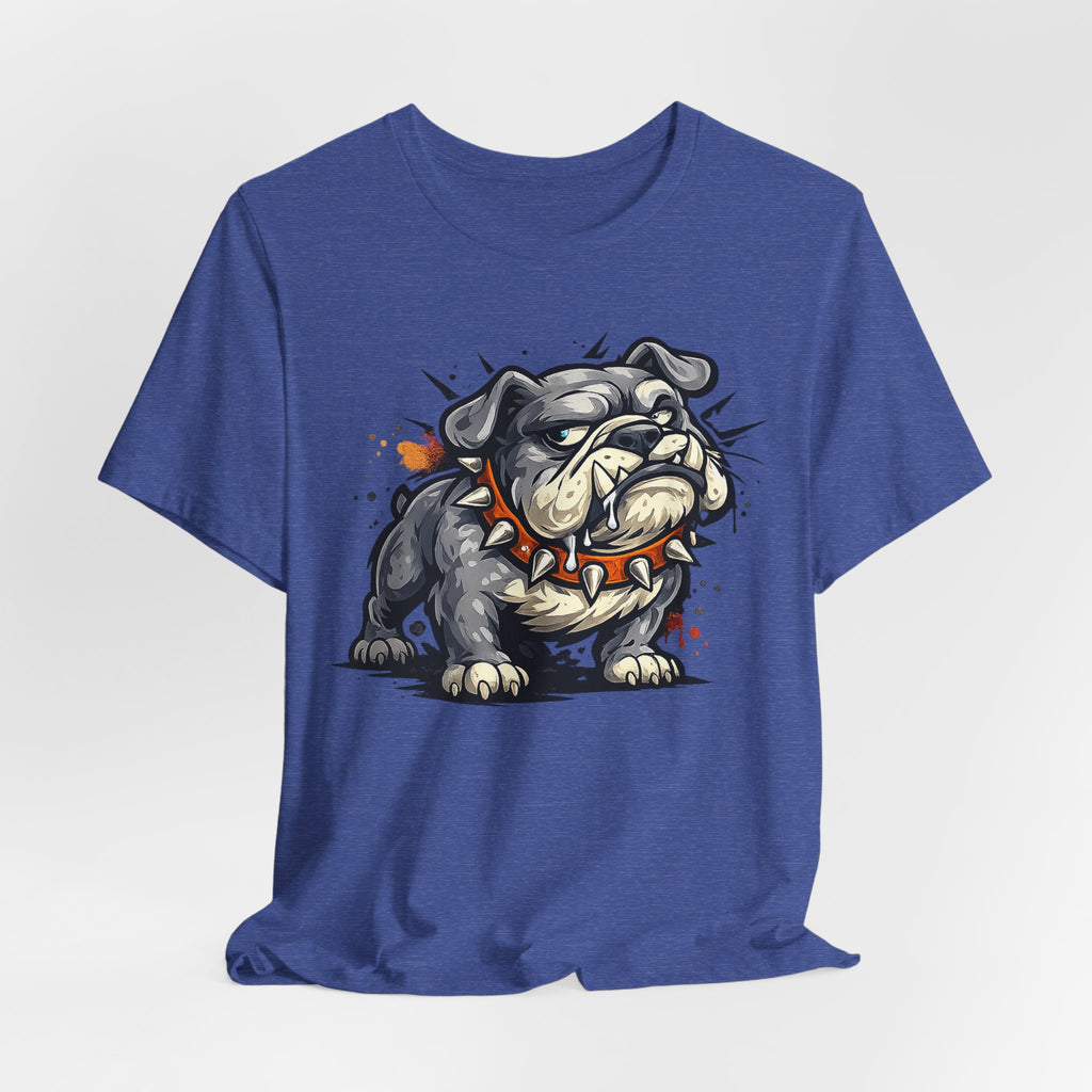 Royal blue t-shirt with centered bulldog graphic in gray, tan, and orange